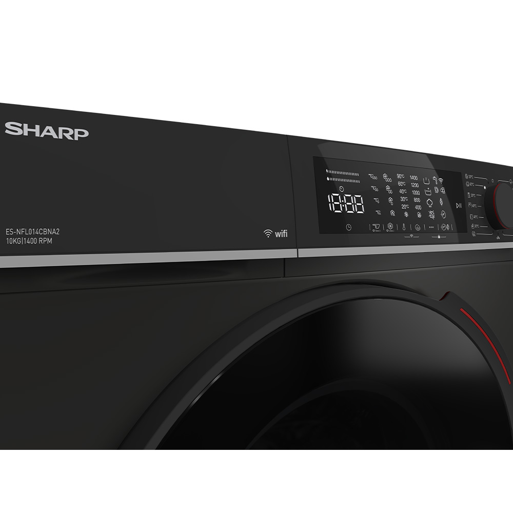 Black Sharp washing machine with digital display and program selection.