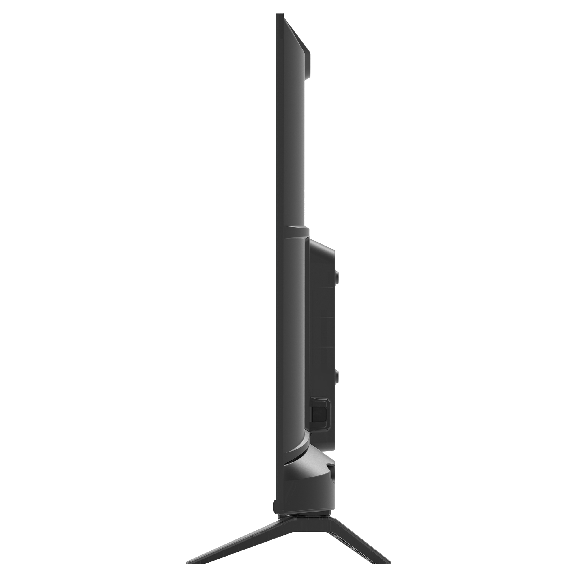 Seitenansicht eines schwarzen Fernsehers mit schmalem Rahmen und einem Ständer.
