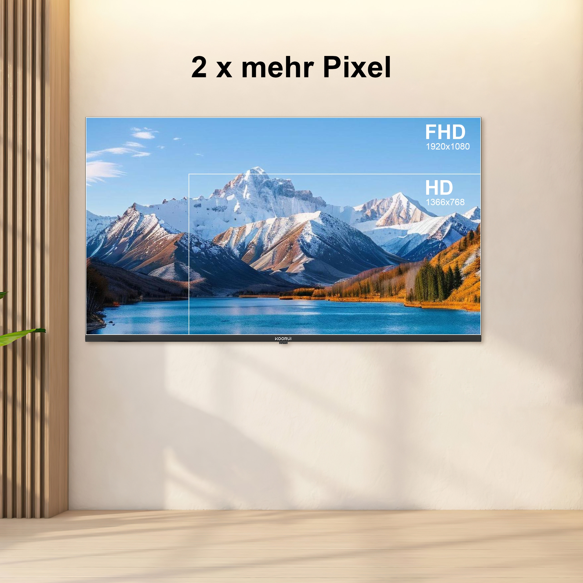 Ein Fernseher zeigt eine Berglandschaft mit See. FHD und HD Auflösungen sind markiert.