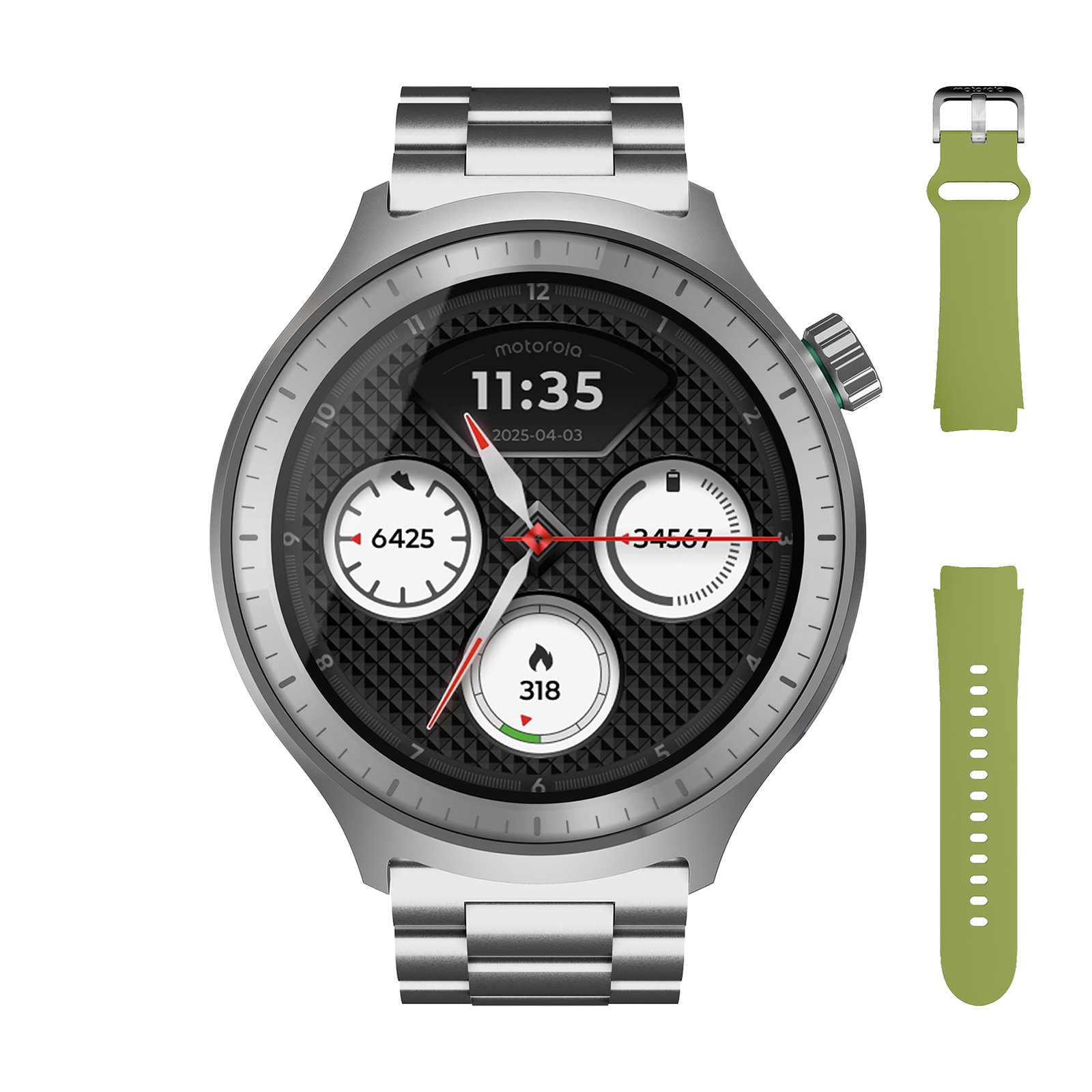 Srebrny smartwatch z czarną tarczą, pokazujący czas, datę, tętno i dwa paski.