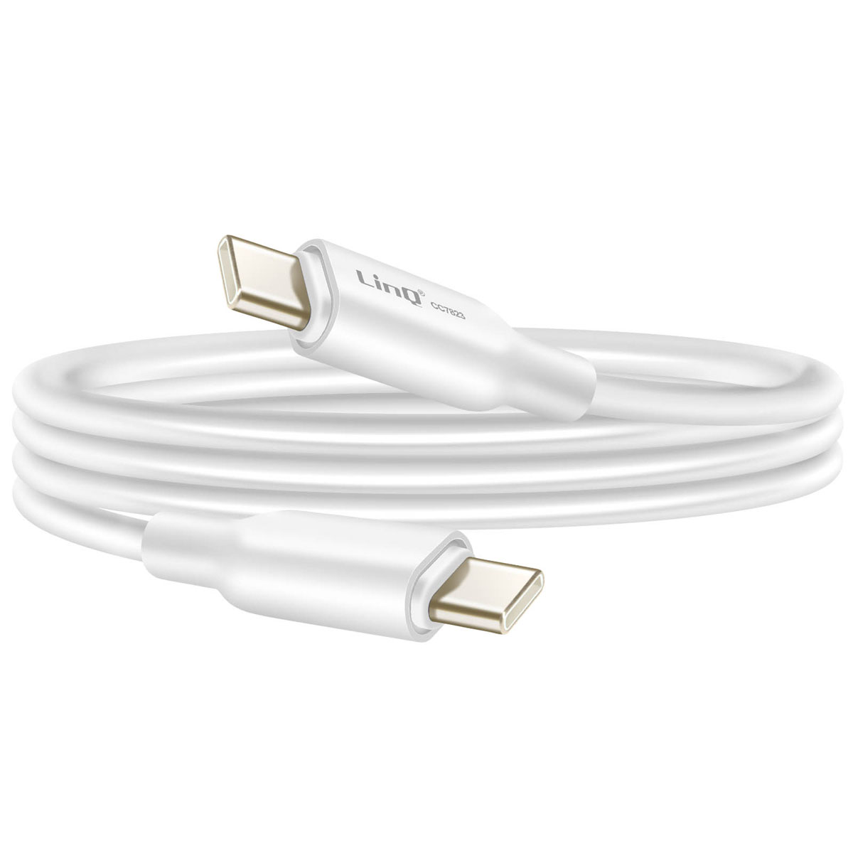 Cavo USB-C bianco arrotolato, logo Ling visibile. Entrambe le estremità hanno connettori USB-C.