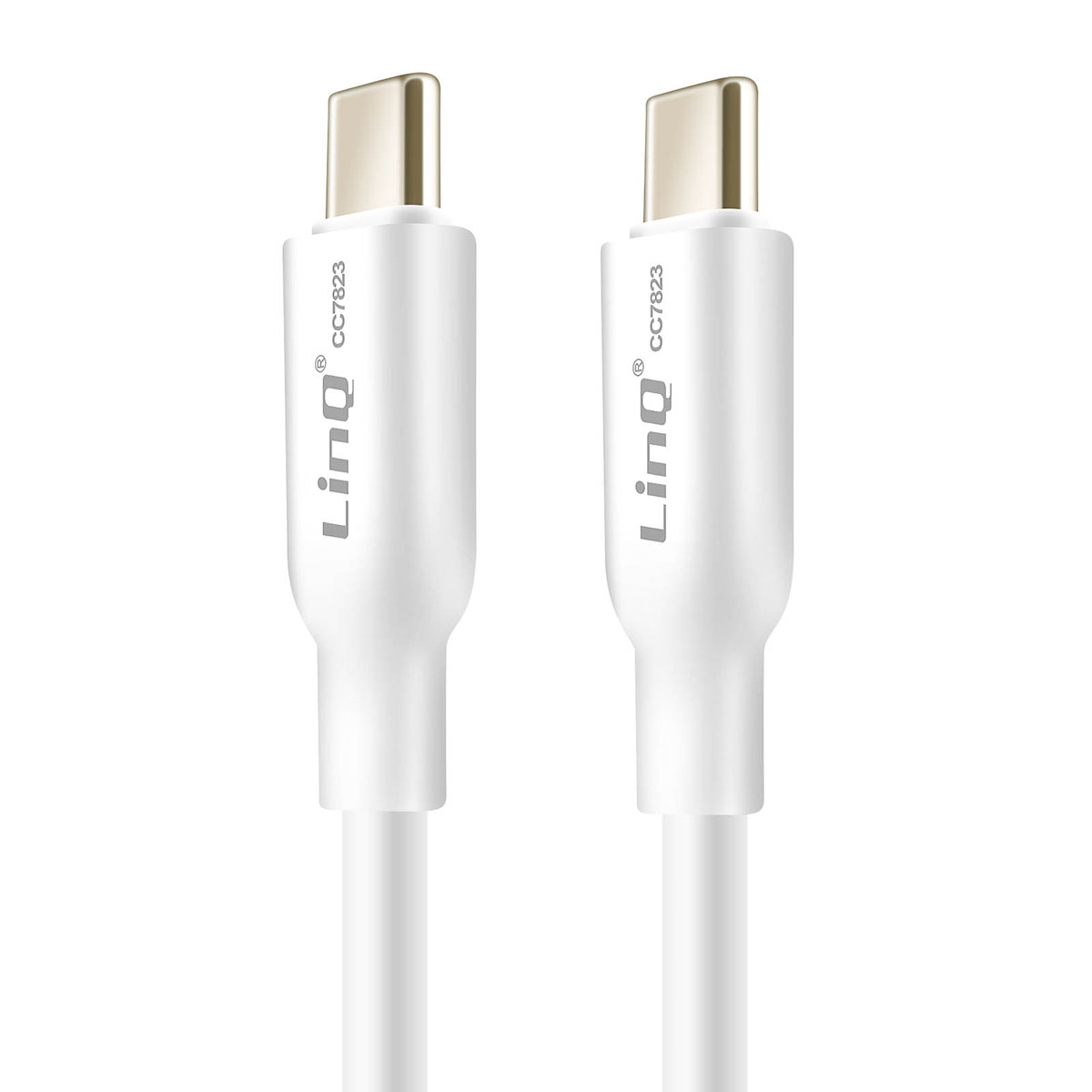 Due cavi USB-C bianchi con connettori dorati, uno accanto all'altro.