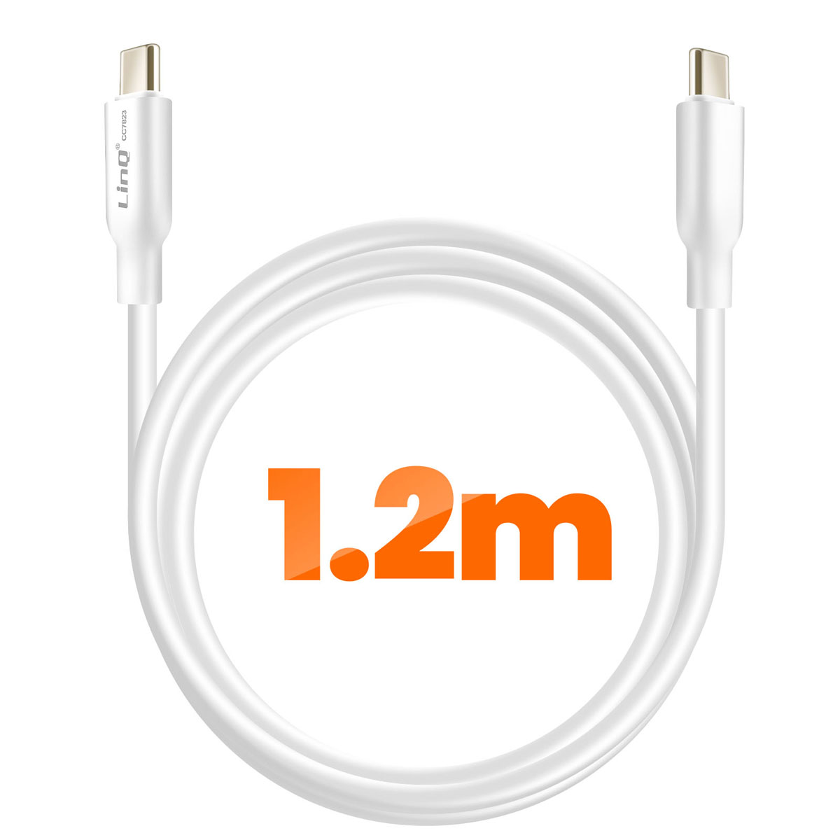 Un cavo USB-C bianco da 1,2 m arrotolato, con connettori argentati a ogni estremità.