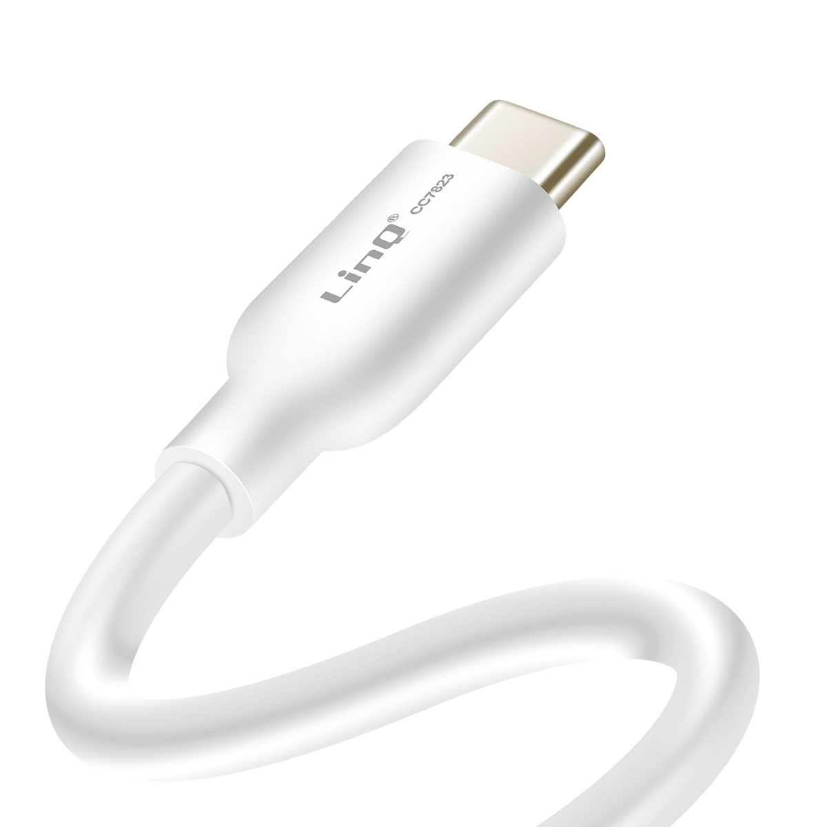 Un cavo USB-C bianco con connettore argentato e marchio.