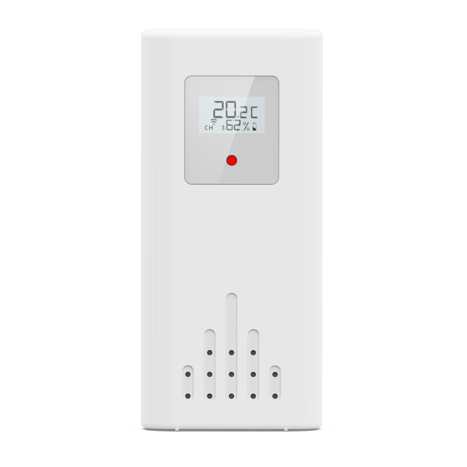 Biała stacja pogodowa pokazuje 20.2C, kanał 3, 62% wilgotności, czerwone światło.