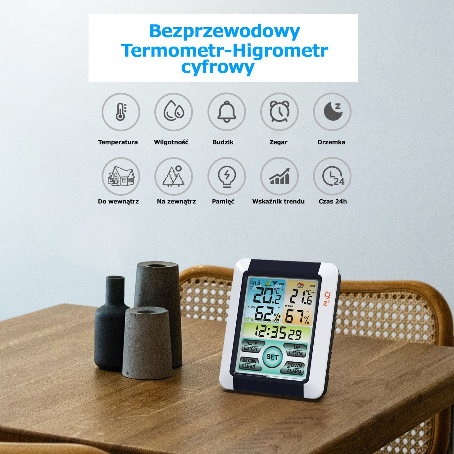 Cyfrowy bezprzewodowy termo-higrometr pokazuje temperaturę, wilgotność i czas.