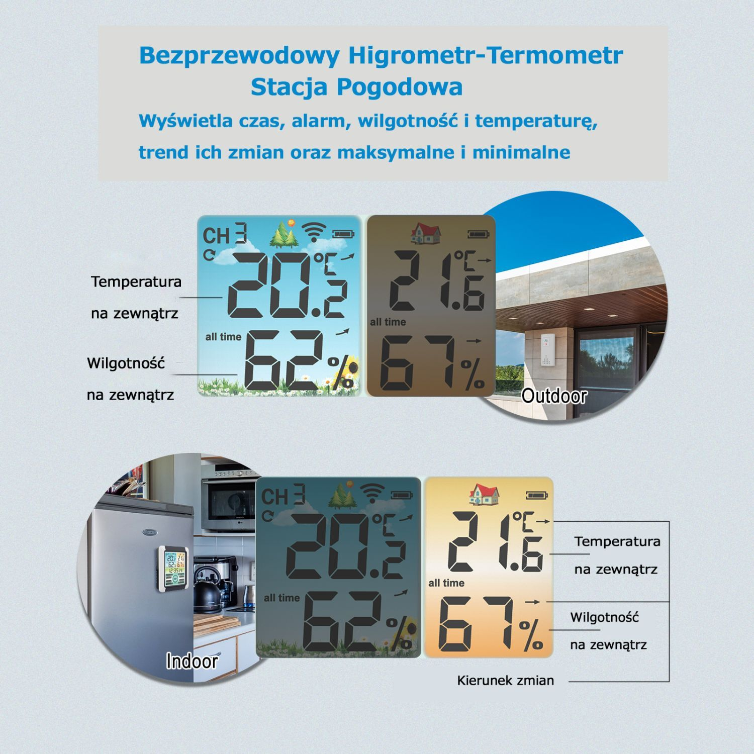 Stacja pogody pokazuje temperaturę i wilgotność wewnątrz i na zewnątrz.