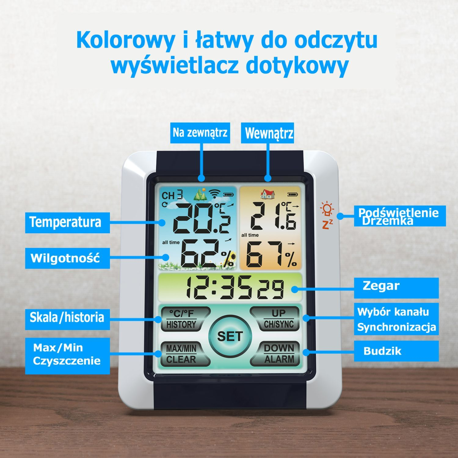 Cyfrowa stacja pogodowa pokazuje temperaturę wewnątrz/na zewnątrz, wilgotność i czas.