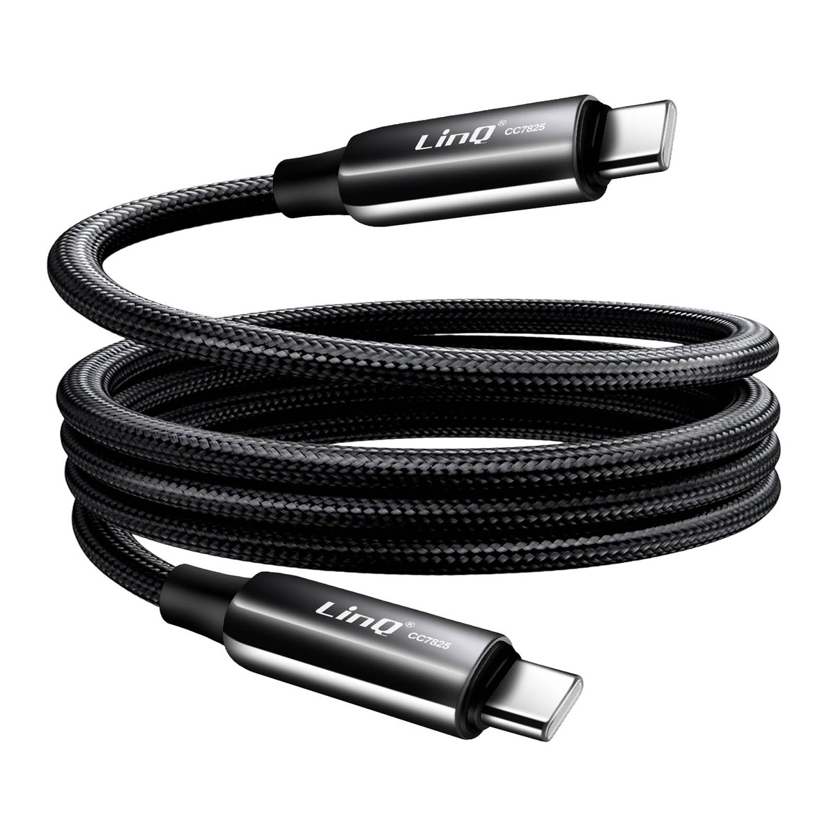 Un cavo USB-C nero con connettori argentati, su sfondo bianco.