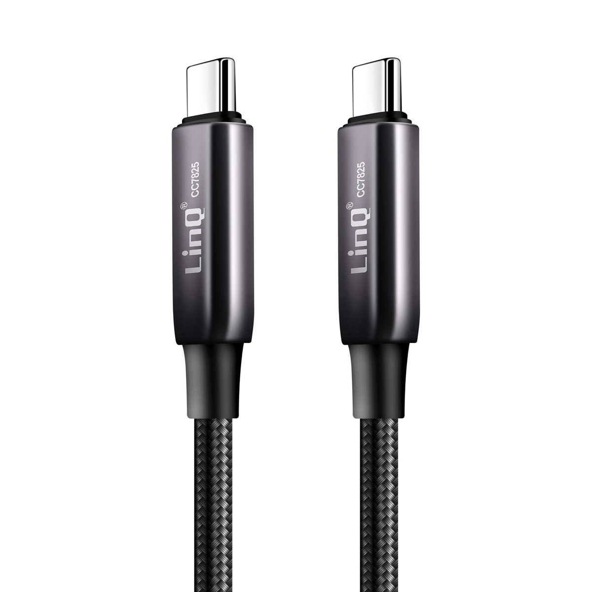 Due cavi USB-C neri con connettori argentati e logo LinQ.