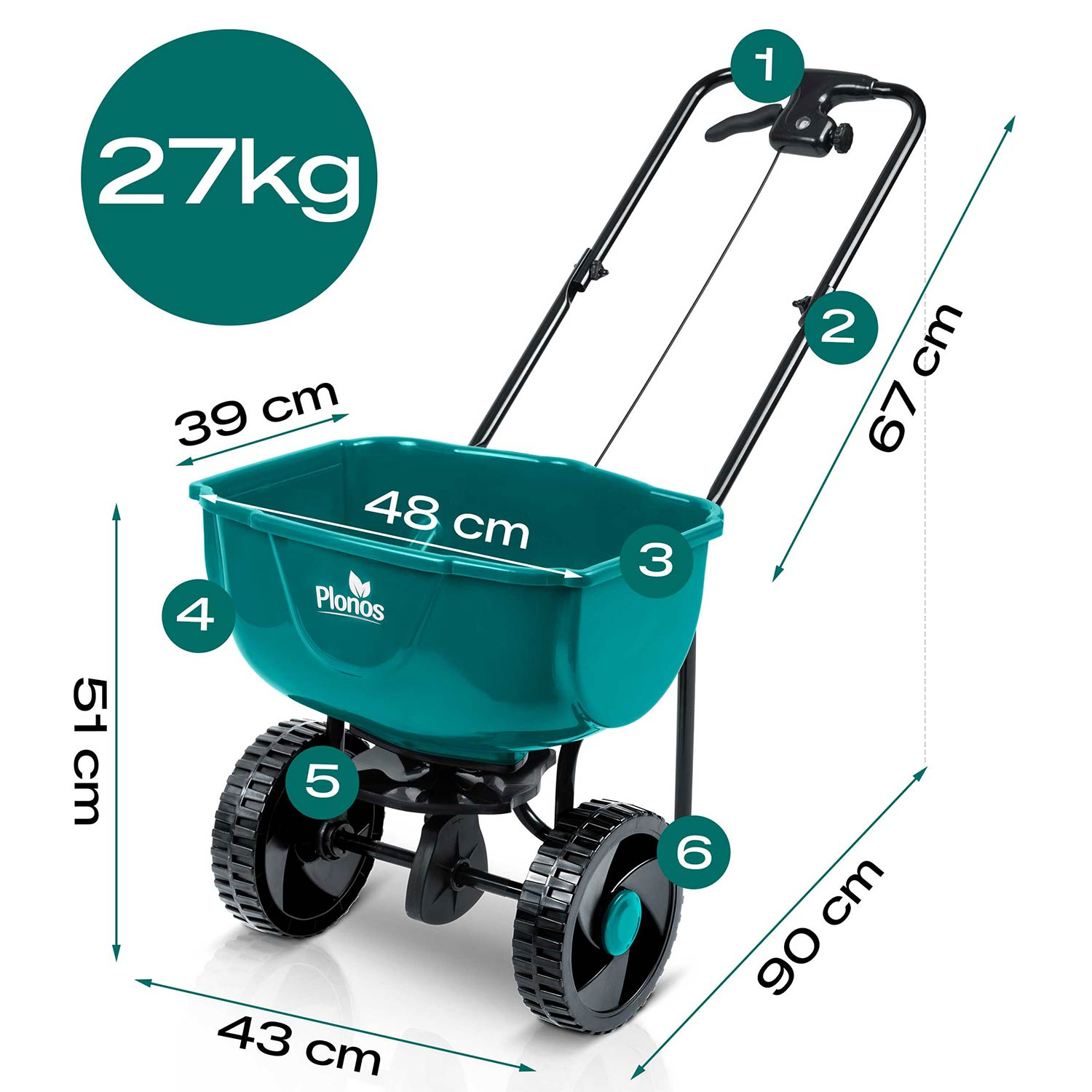 Turkusowy rozsiewacz do nawozu z kołami, uchwytem i pojemnością 27 kg.