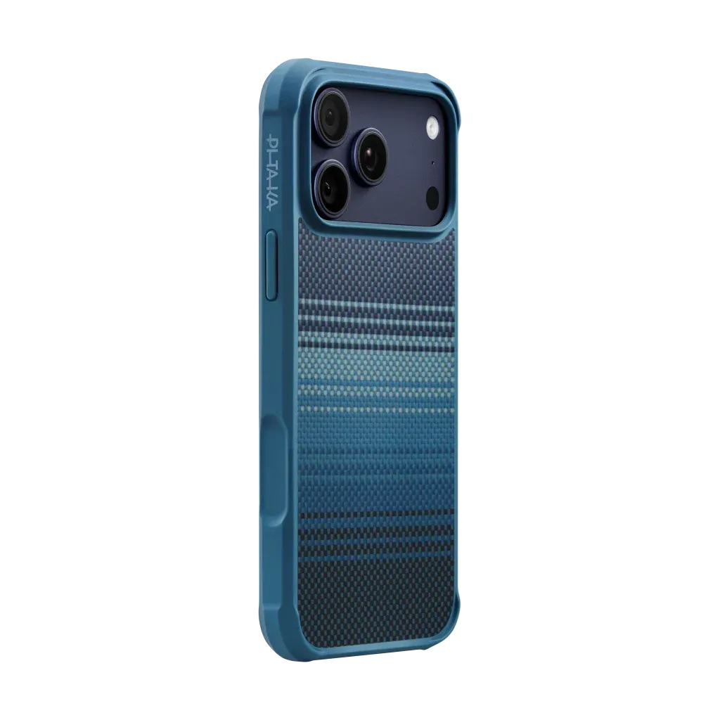 Niebieskie etui na telefon w paski z systemem aparatów.