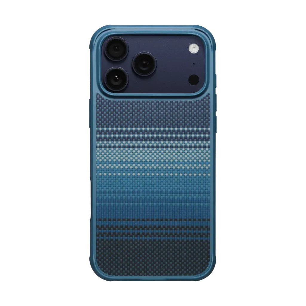 Niebieskie etui na telefon z tkanym wzorem w różnych odcieniach niebieskiego.