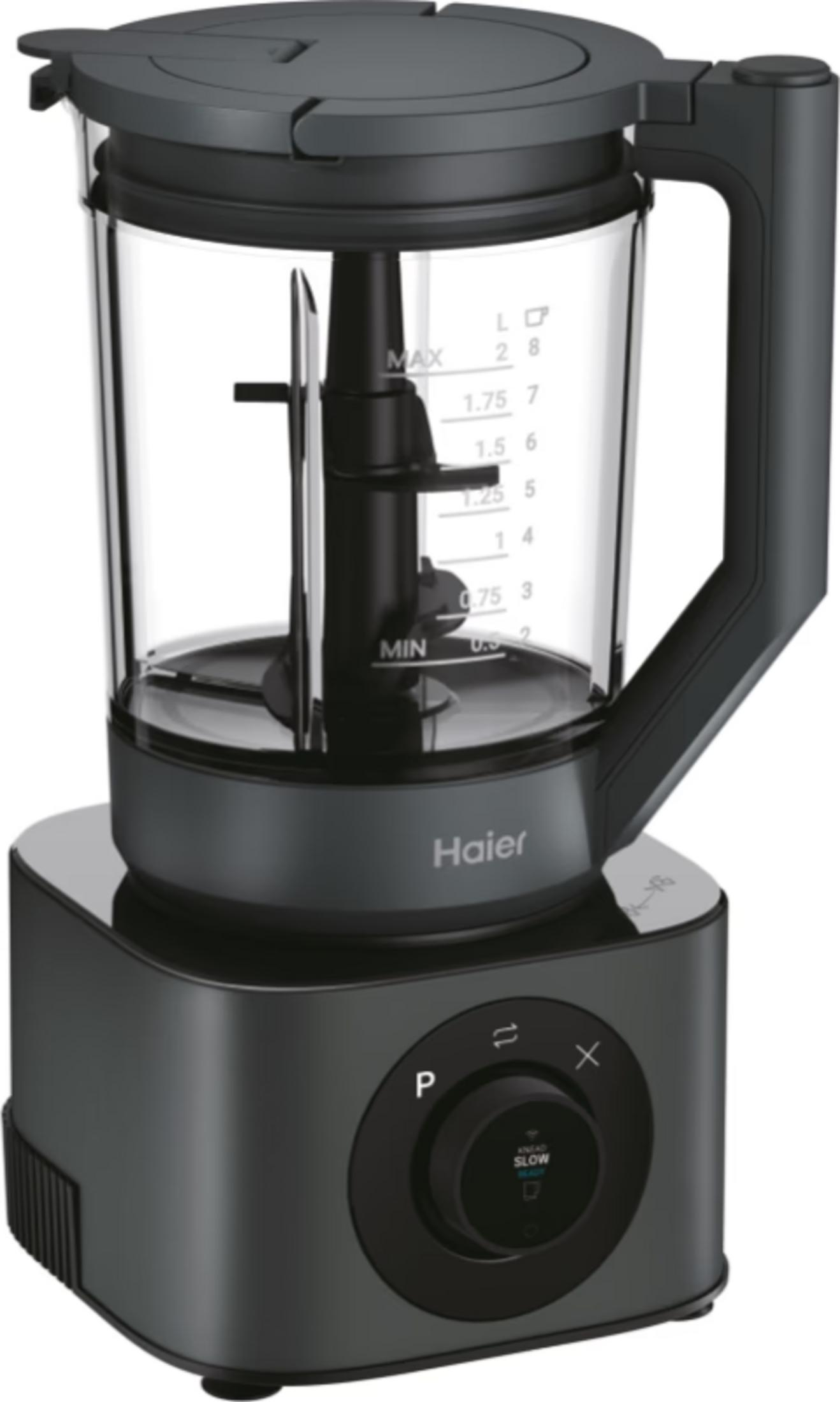 Un frullatore Haier nero con caraffa in vetro, tacche di misurazione e manopola.