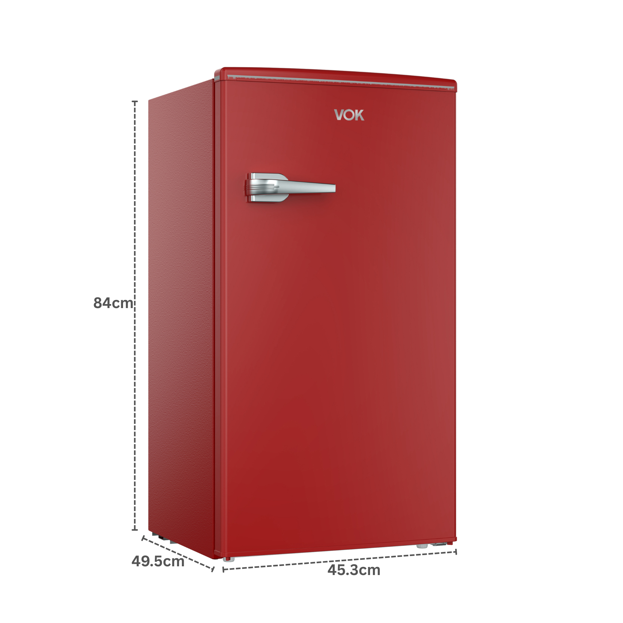 Un frigorífico rojo marca VOK con tirador plateado, 84x49,5x45,3cm.