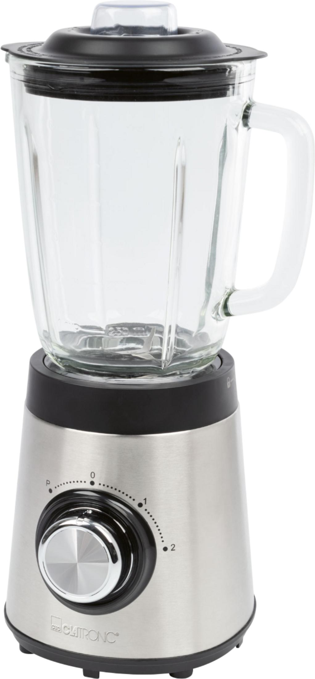 Ein silberner Mixer mit Glasbehälter und schwarzem Deckel, Bedienknopf mit Stufen.