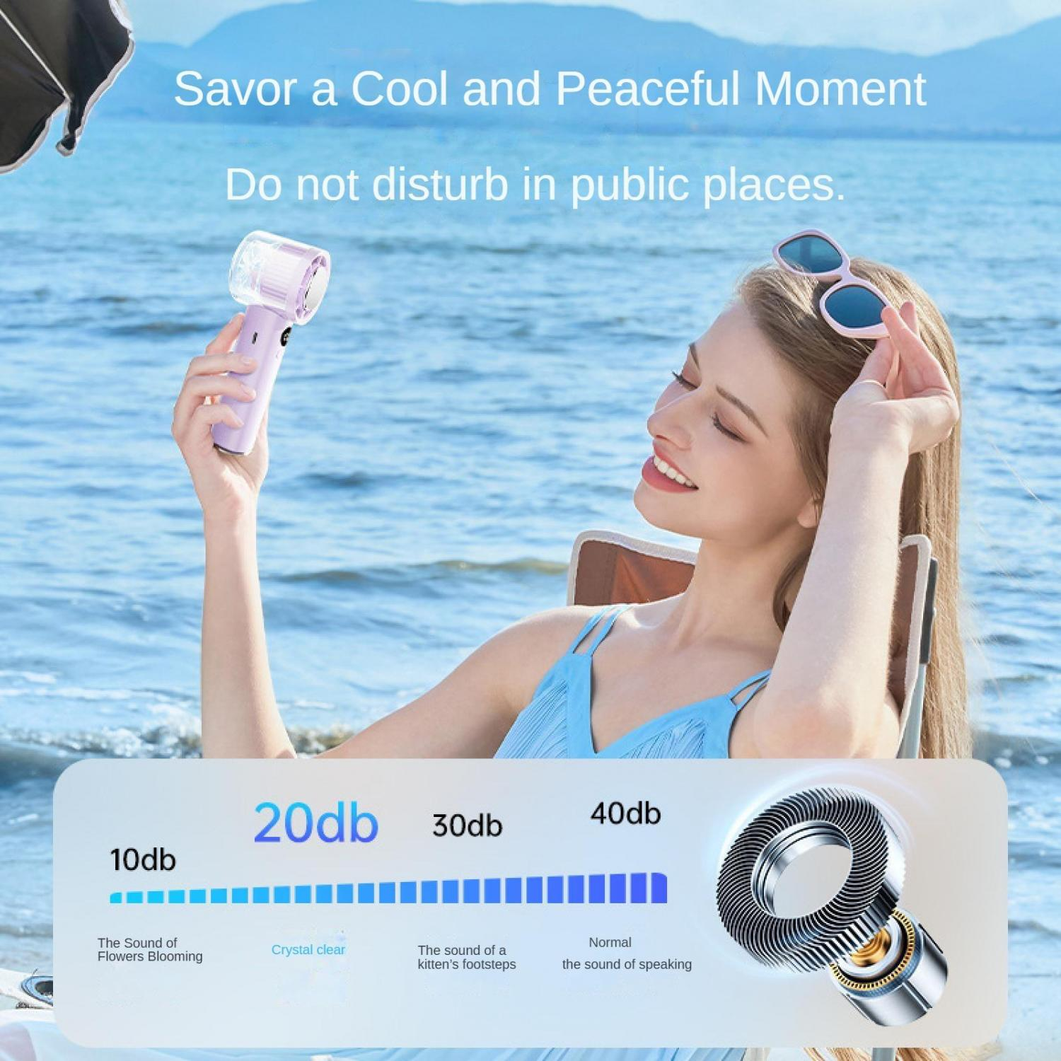 Frau mit Ventilator am Meer, zeigt Schallpegel von 10-40 dB.