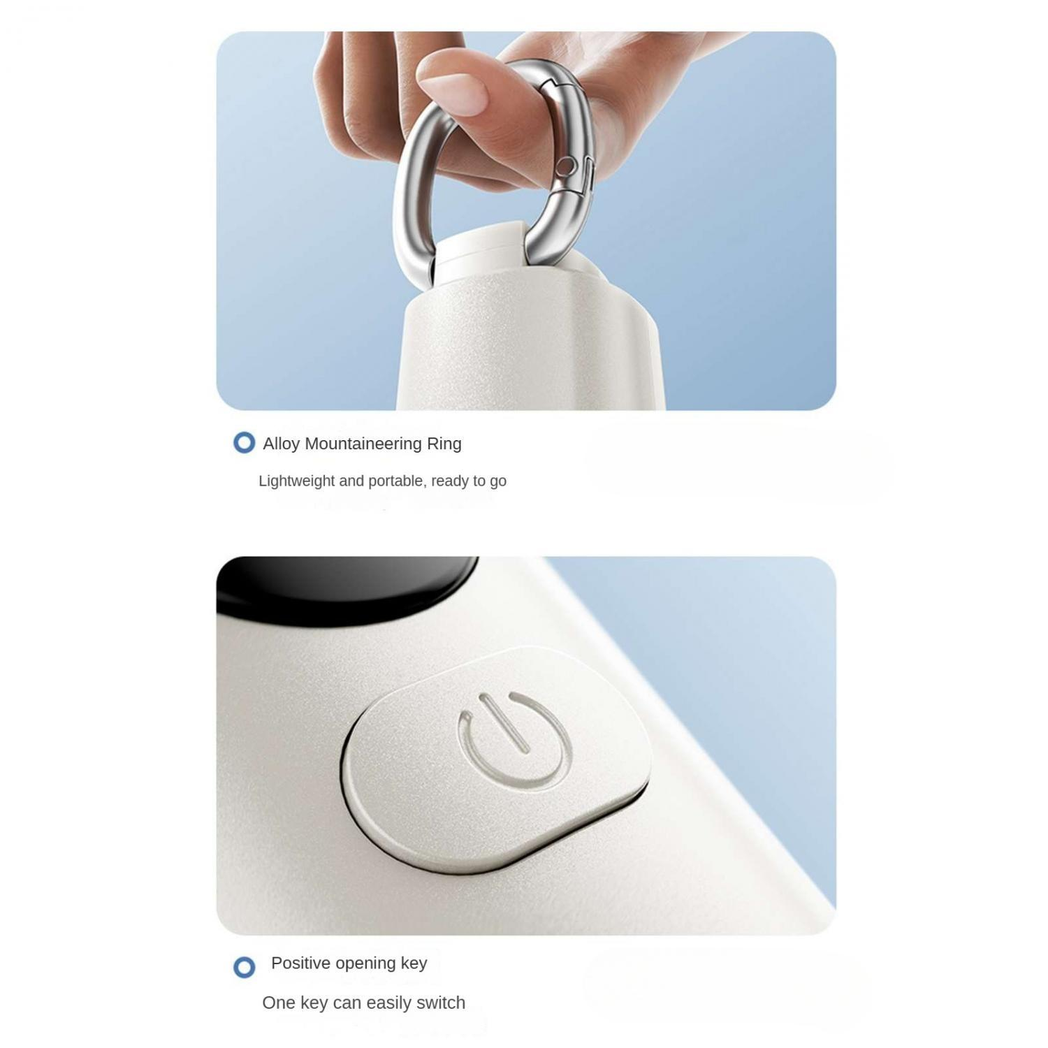 Eine Hand hält einen silbernen Ring an einem weißen Gerät. Ein Knopf mit einem Power-Symbol.