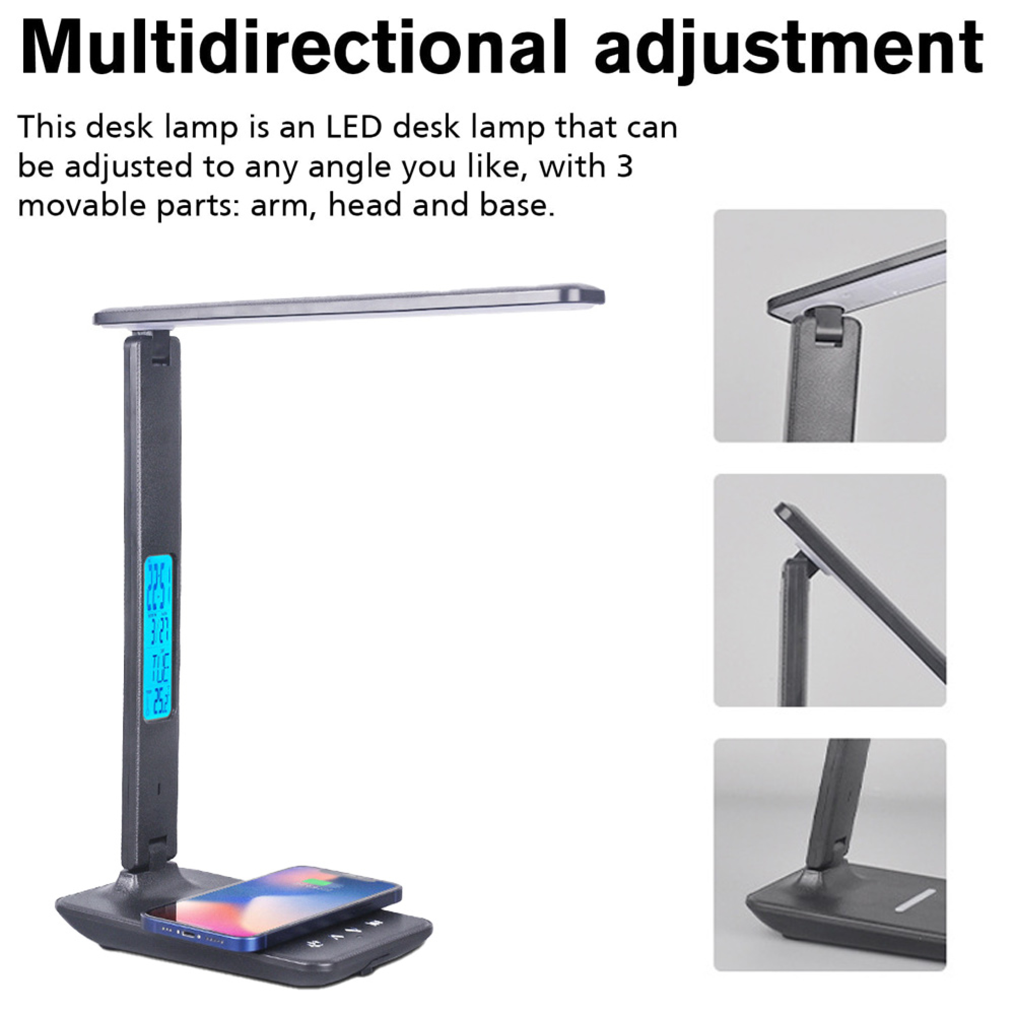 Schwarze LED-Schreibtischlampe mit verstellbarem Arm, Fuß und Kopf. Zeigt Handy-Ladung.