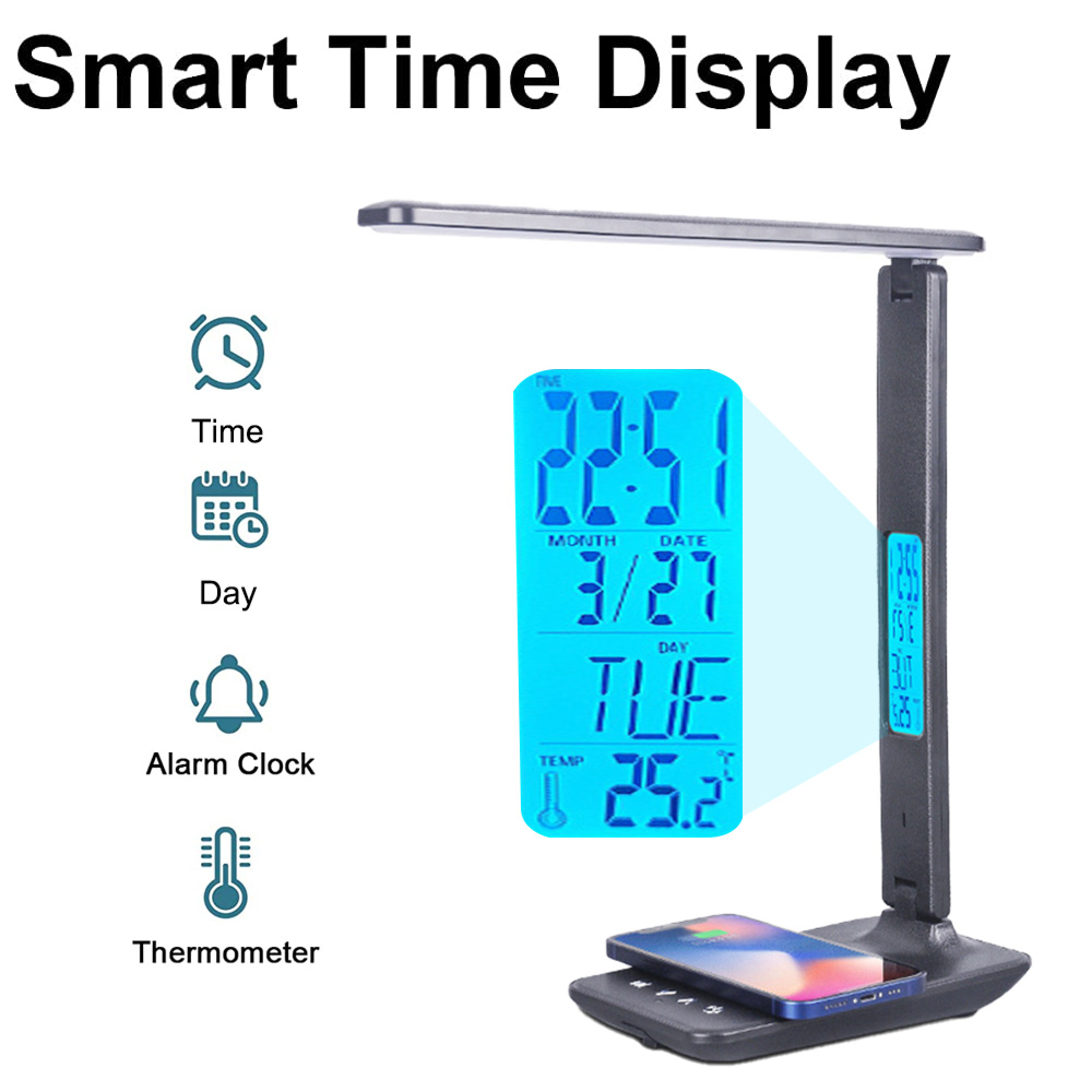 Eine schwarze Lampe mit digitaler Anzeige zeigt Zeit, Datum und Temperatur an.