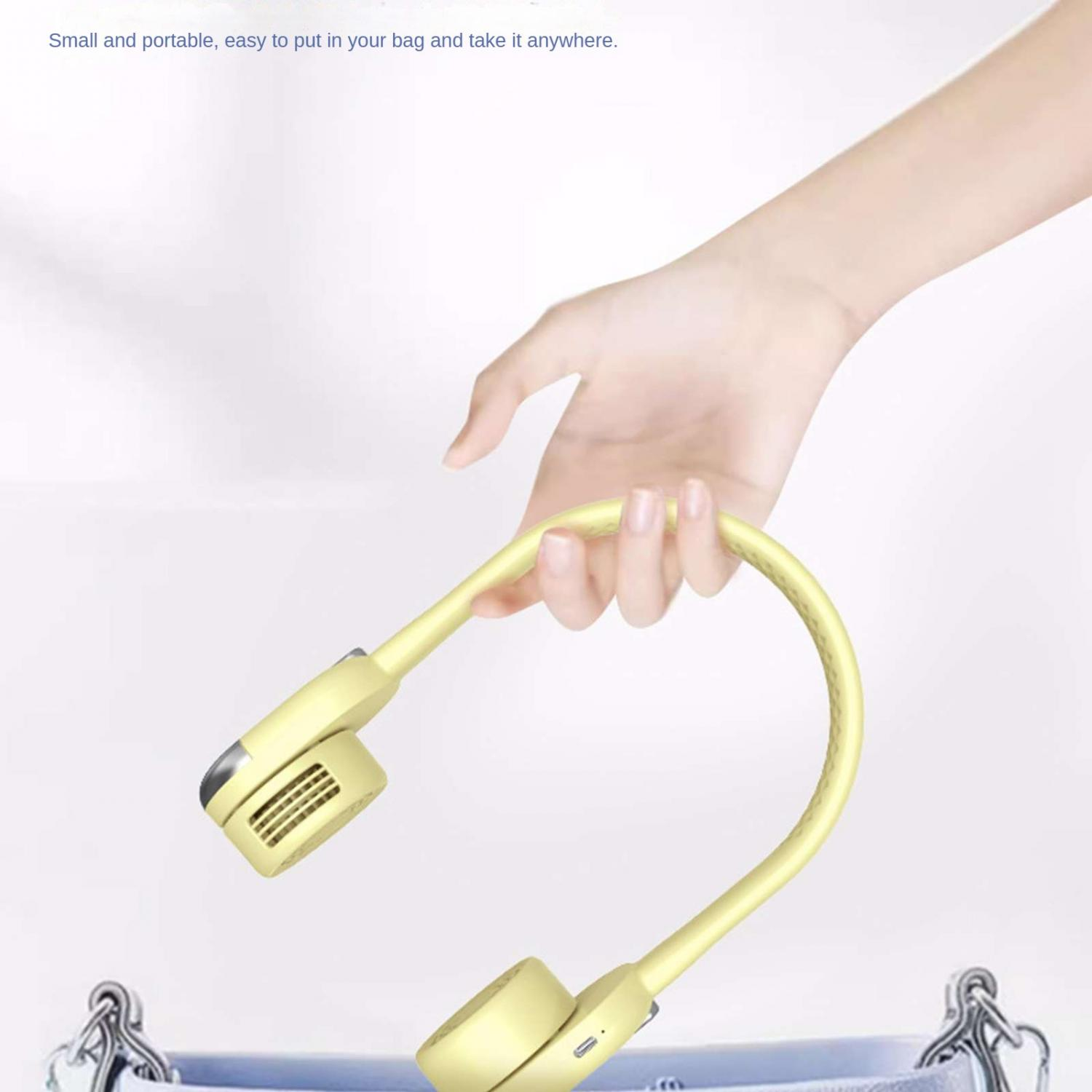 Eine Hand hält einen gelben Nackenventilator mit flexiblen Armen.