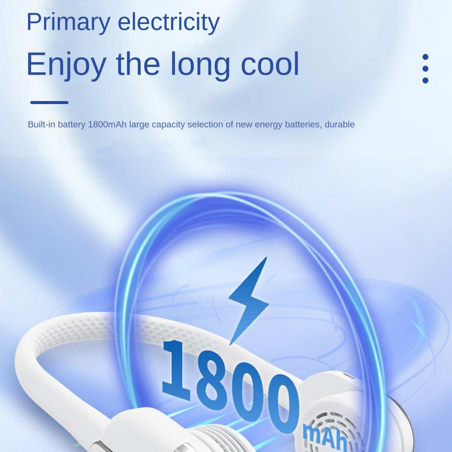 Ein weißes Nackenventilator mit 1800mAh Akku wird gezeigt.