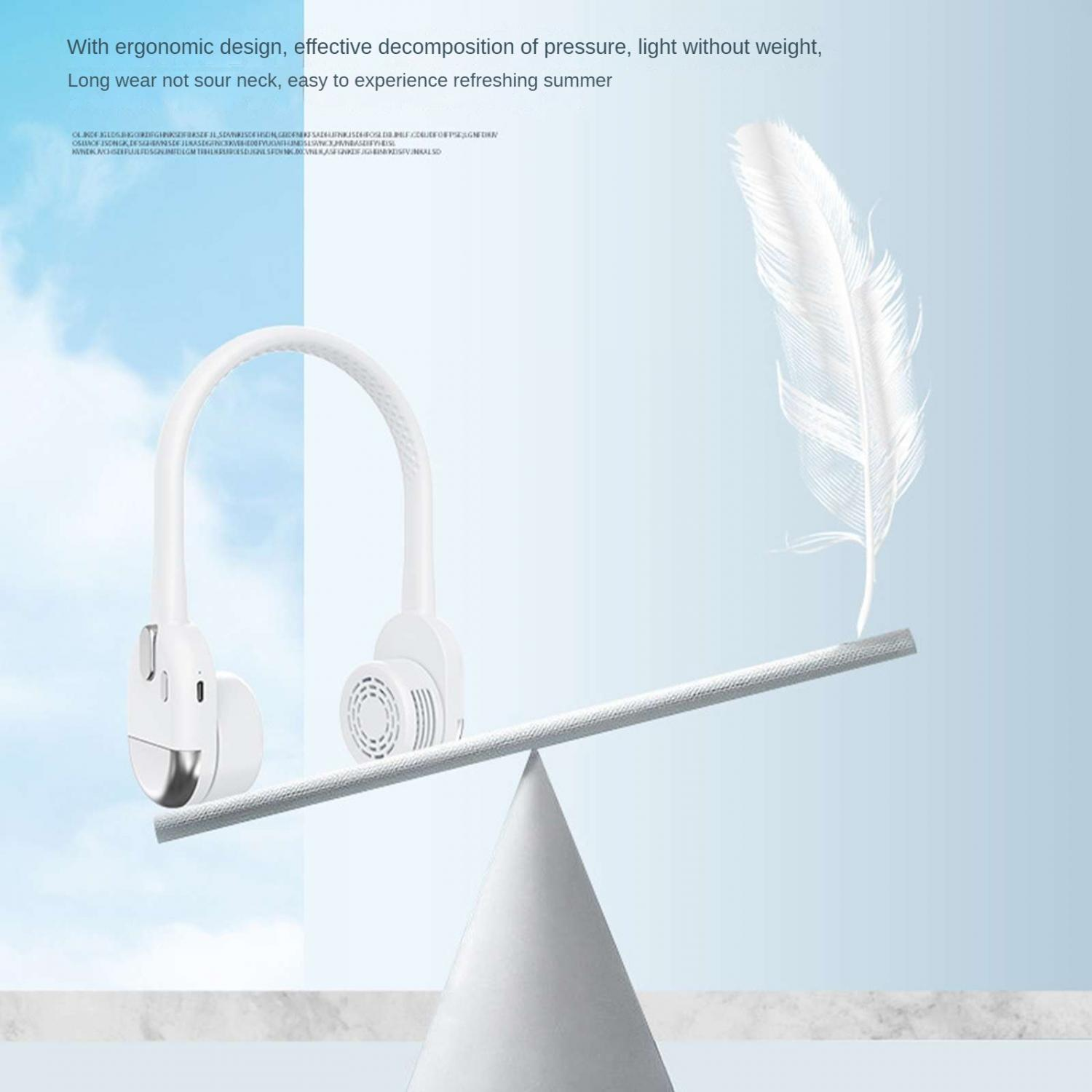 Ein weißer Nackenventilator auf einer Waage, mit einer Feder auf der anderen Seite.