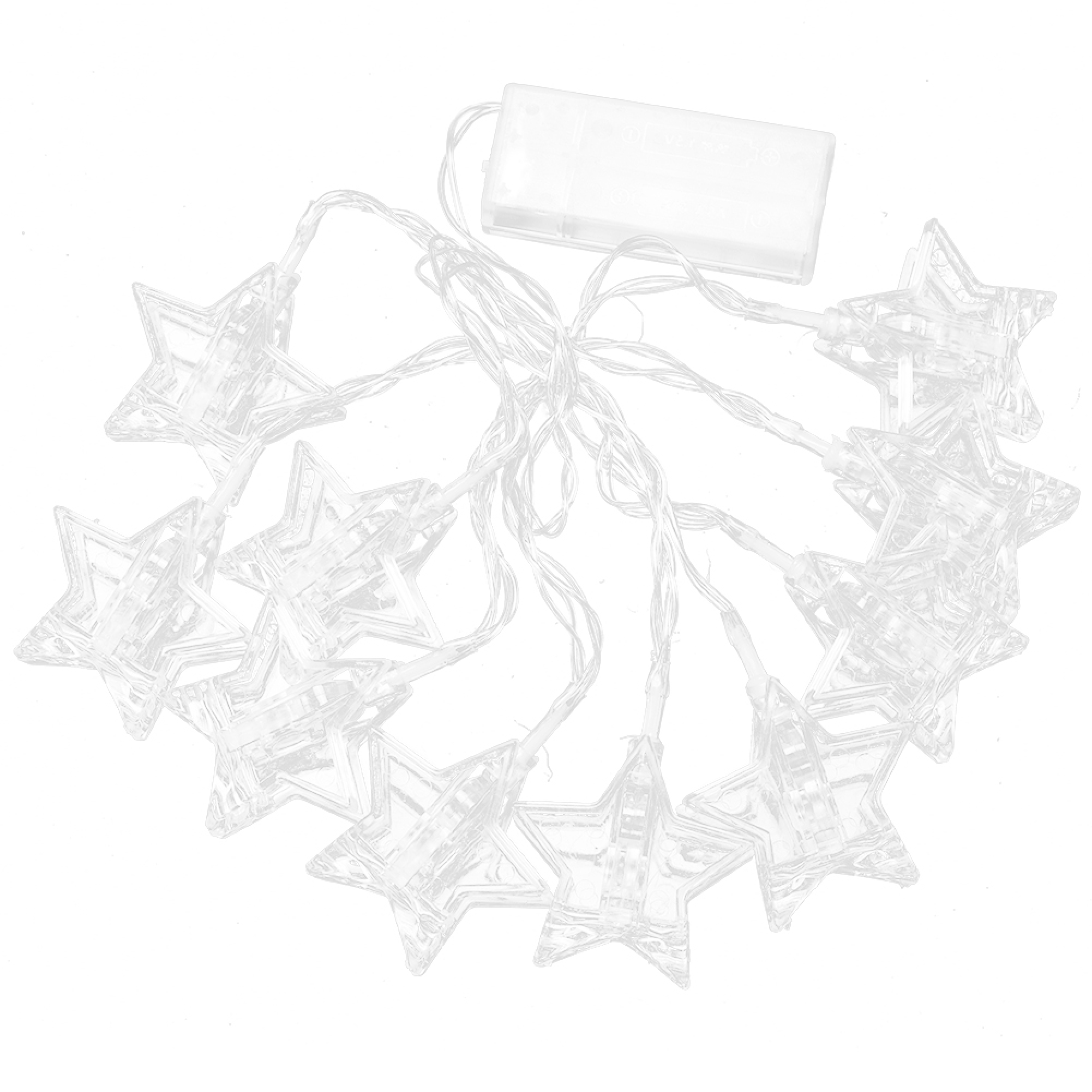 Eine Lichterkette mit durchsichtigen Sternen und einem Batteriefach.