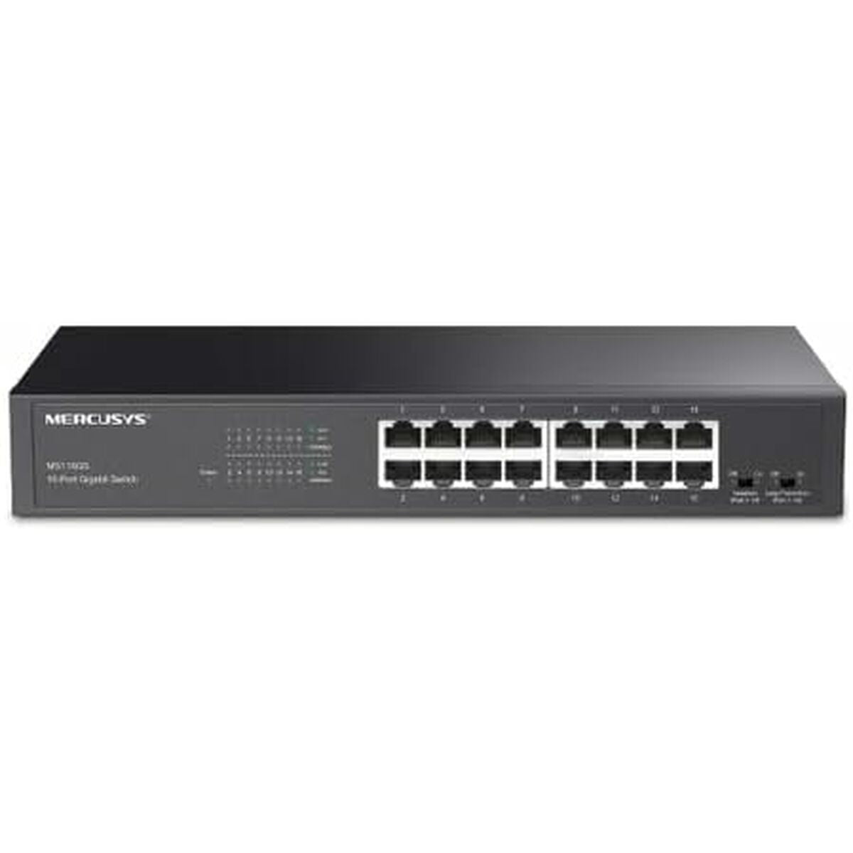 Czarny 16-portowy przełącznik Gigabit Mercusys z niebieskimi portami Ethernet.