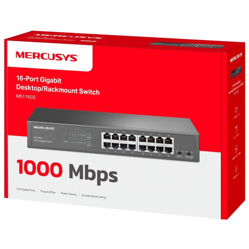 Mercusys 16-portowy przełącznik Gigabit do biurka/montażu w szafie, model MS116GS, na czerwono-białym pudełku.
