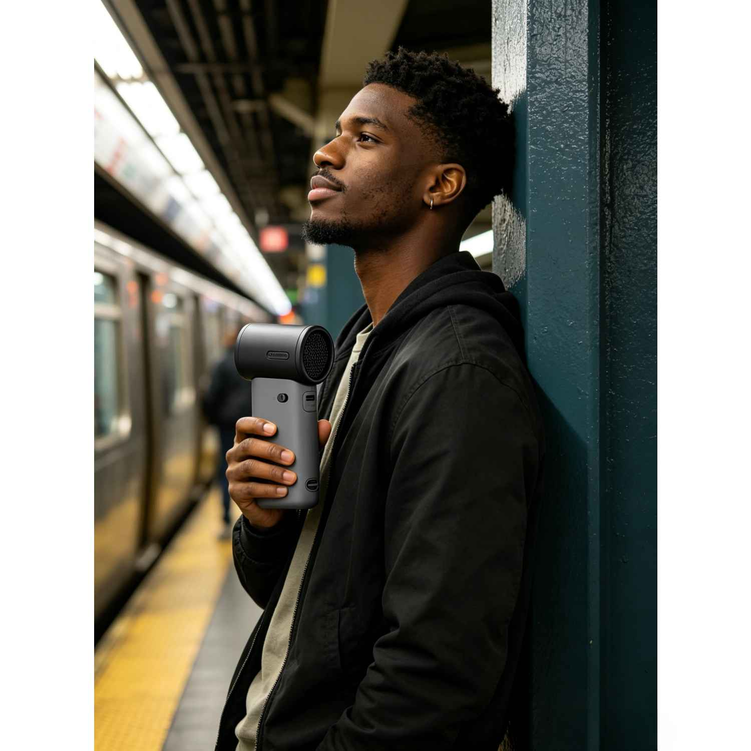 Ein Mann steht an einer U-Bahn-Säule und hält einen grauen Lüfter.