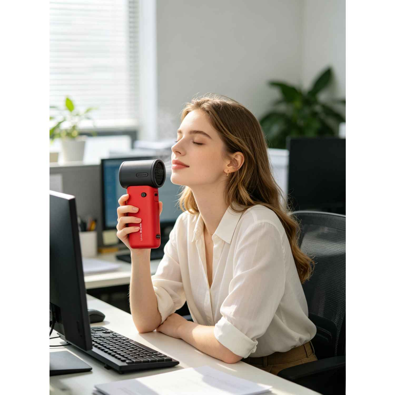 Frau im Büro mit einem roten Handventilator mit Sprühfunktion.