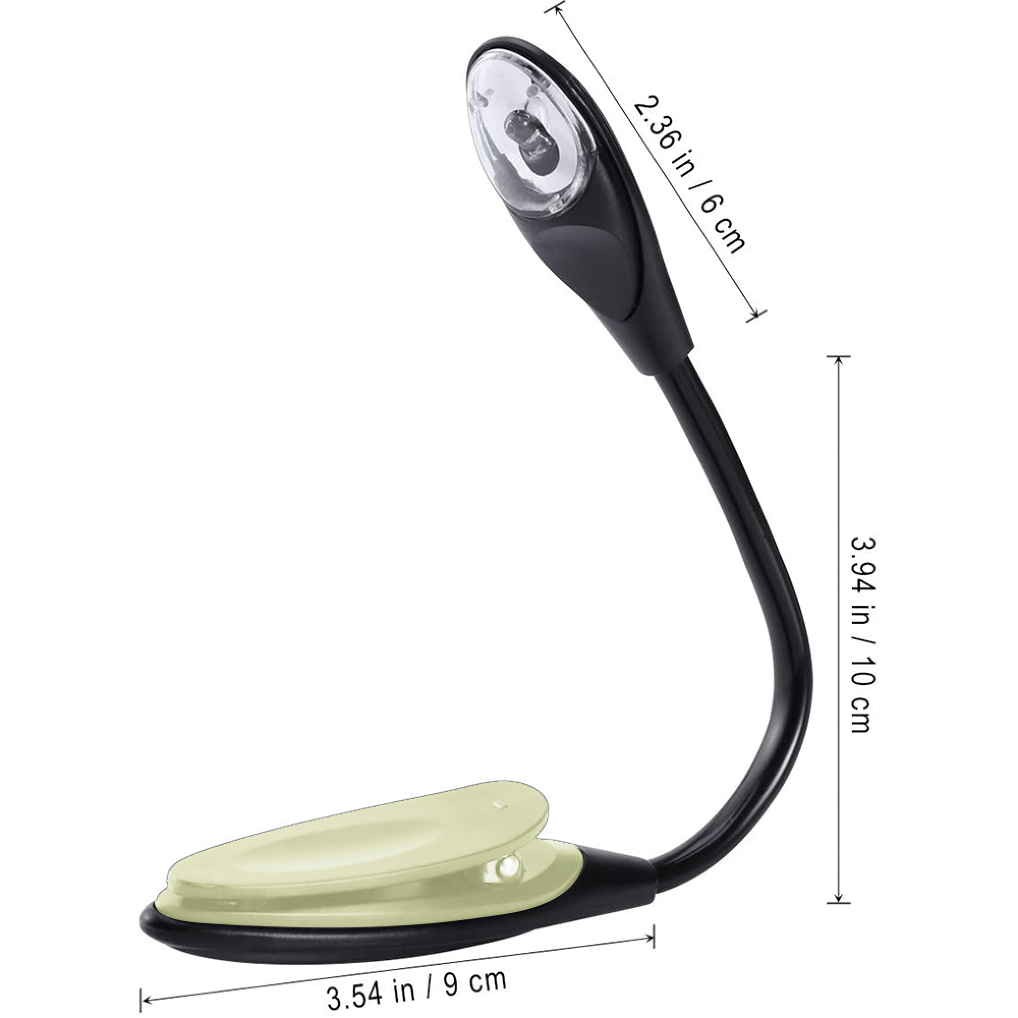 Schwarze Klemmleuchte mit flexiblem Hals und hellem Lichtkopf. Maße angegeben.