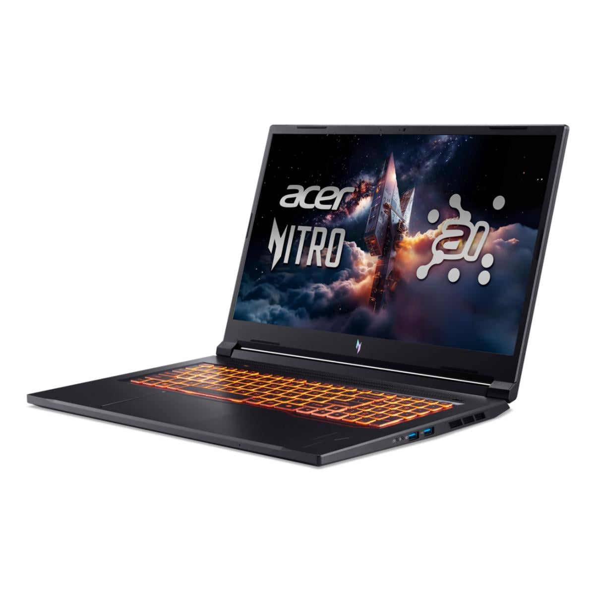 Schwarzer Acer Nitro Laptop mit orange beleuchteter Tastatur und Weltraumszene.