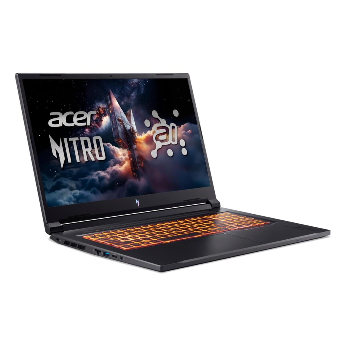 Schwarzer Laptop mit beleuchteter Tastatur und Weltraum-Hintergrundbild.
