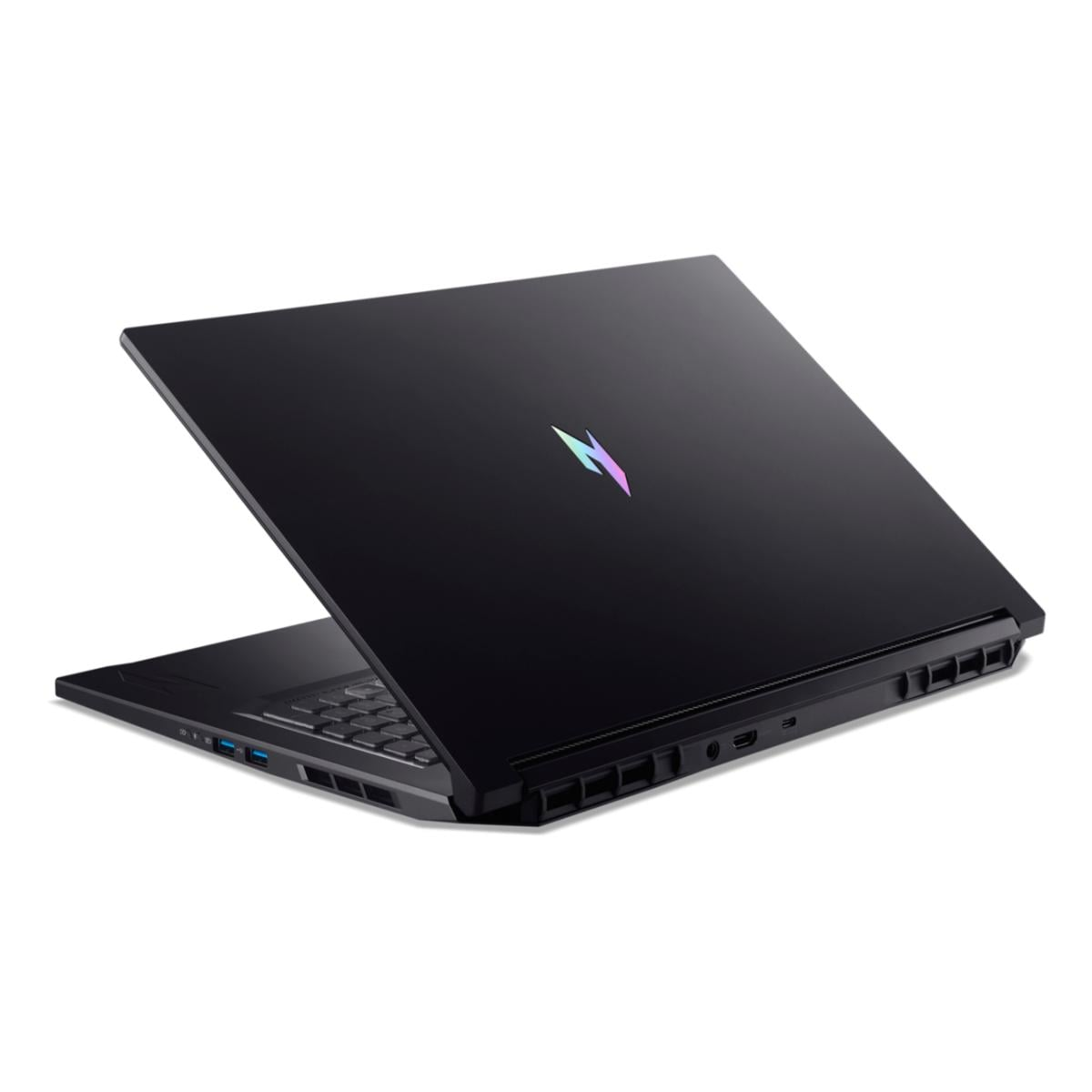 Ein schwarzer Laptop mit buntem Logo auf dem Deckel ist geöffnet und zeigt die Tastatur.
