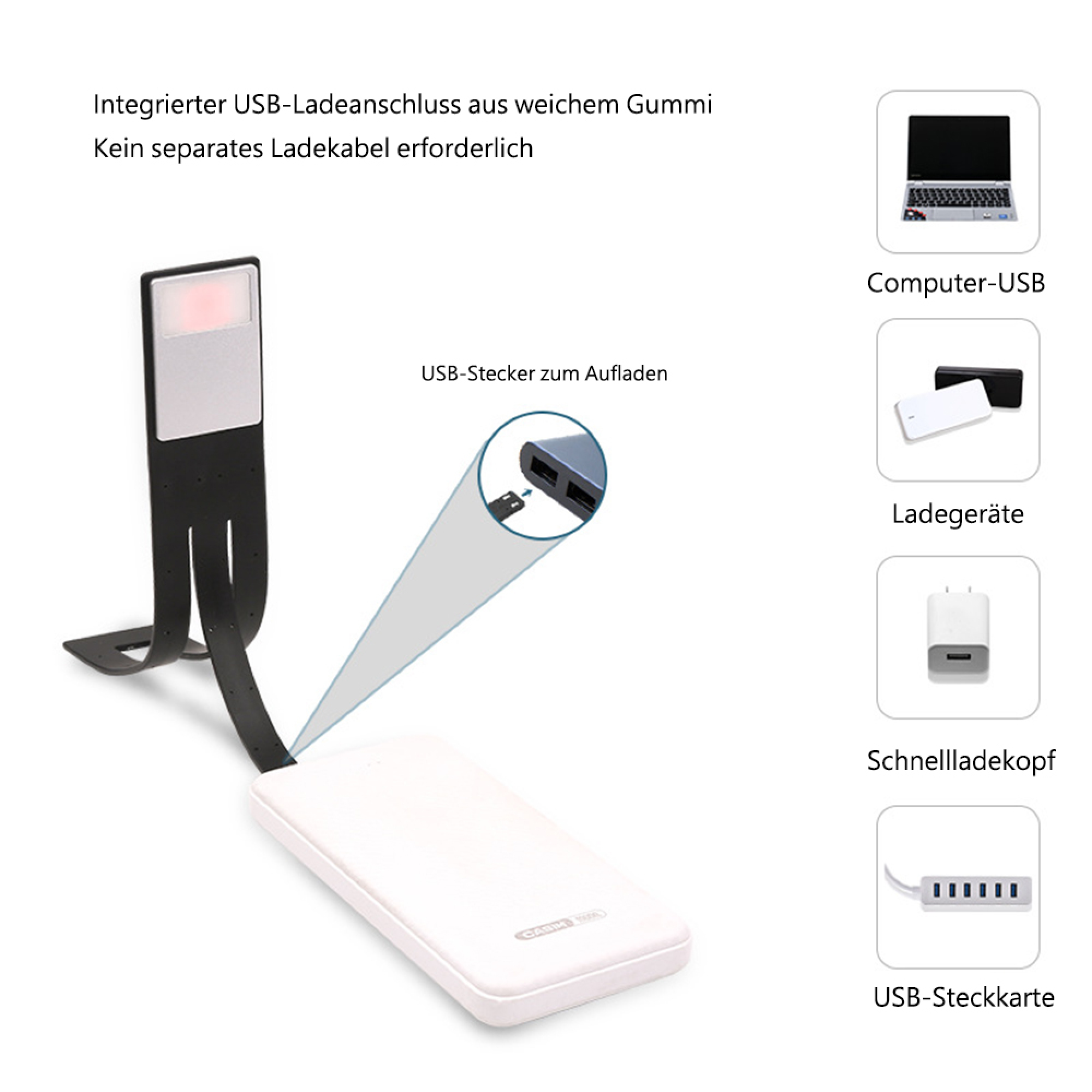 Ein schwarzer USB-Ladeadapter ist an eine weiße Powerbank angeschlossen.