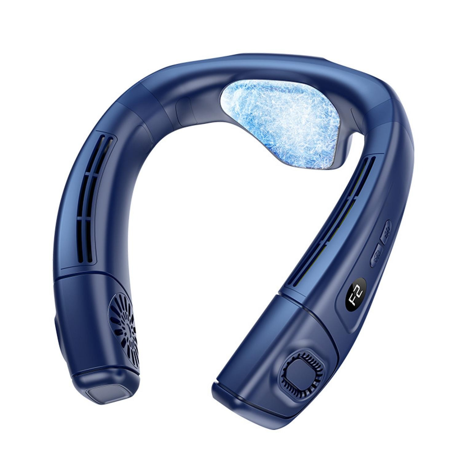 Blauer Nackenventilator mit Eis-Kühlfunktion und digitalen Anzeigen.
