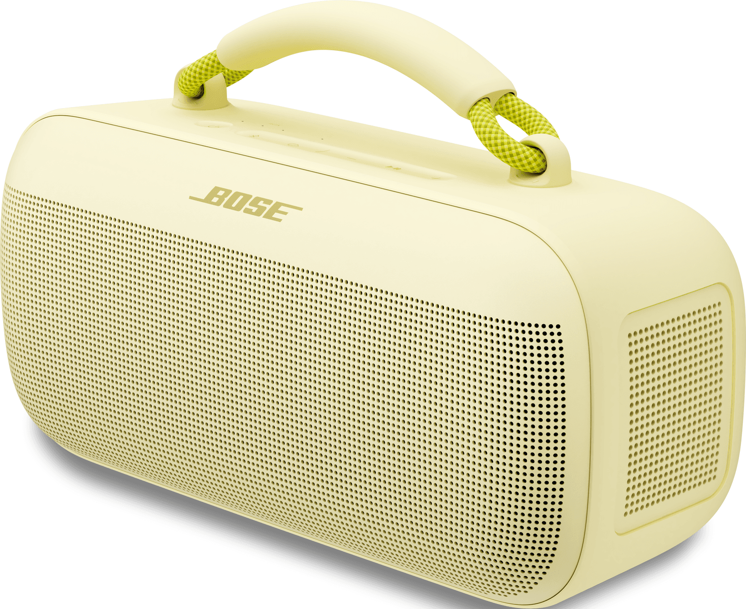 Altavoz Bluetooth Bose amarillo claro con asa y rejillas perforadas.