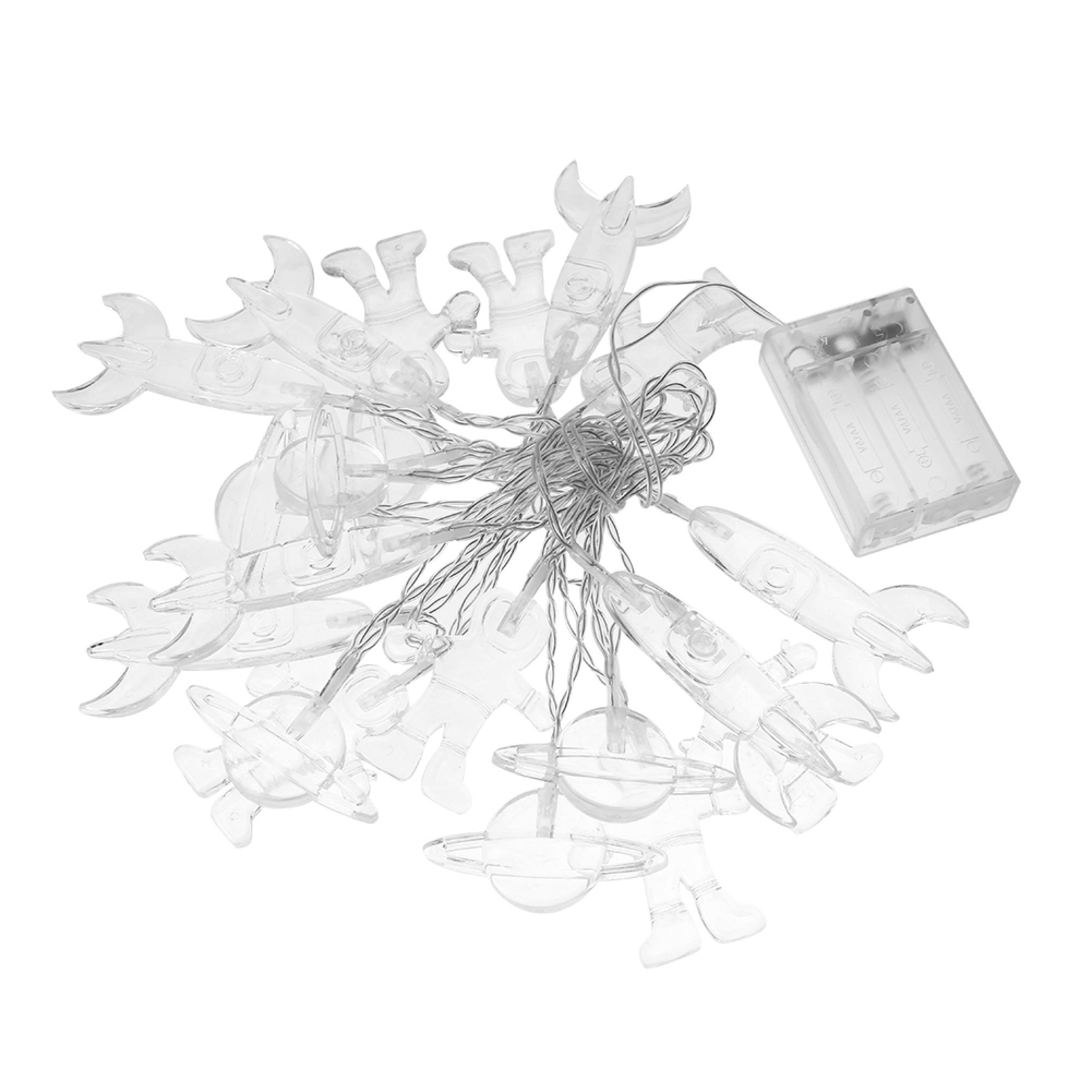 Transparente Lichterkette mit Raketen, Astronauten und Planetenformen, mit Batteriebox.
