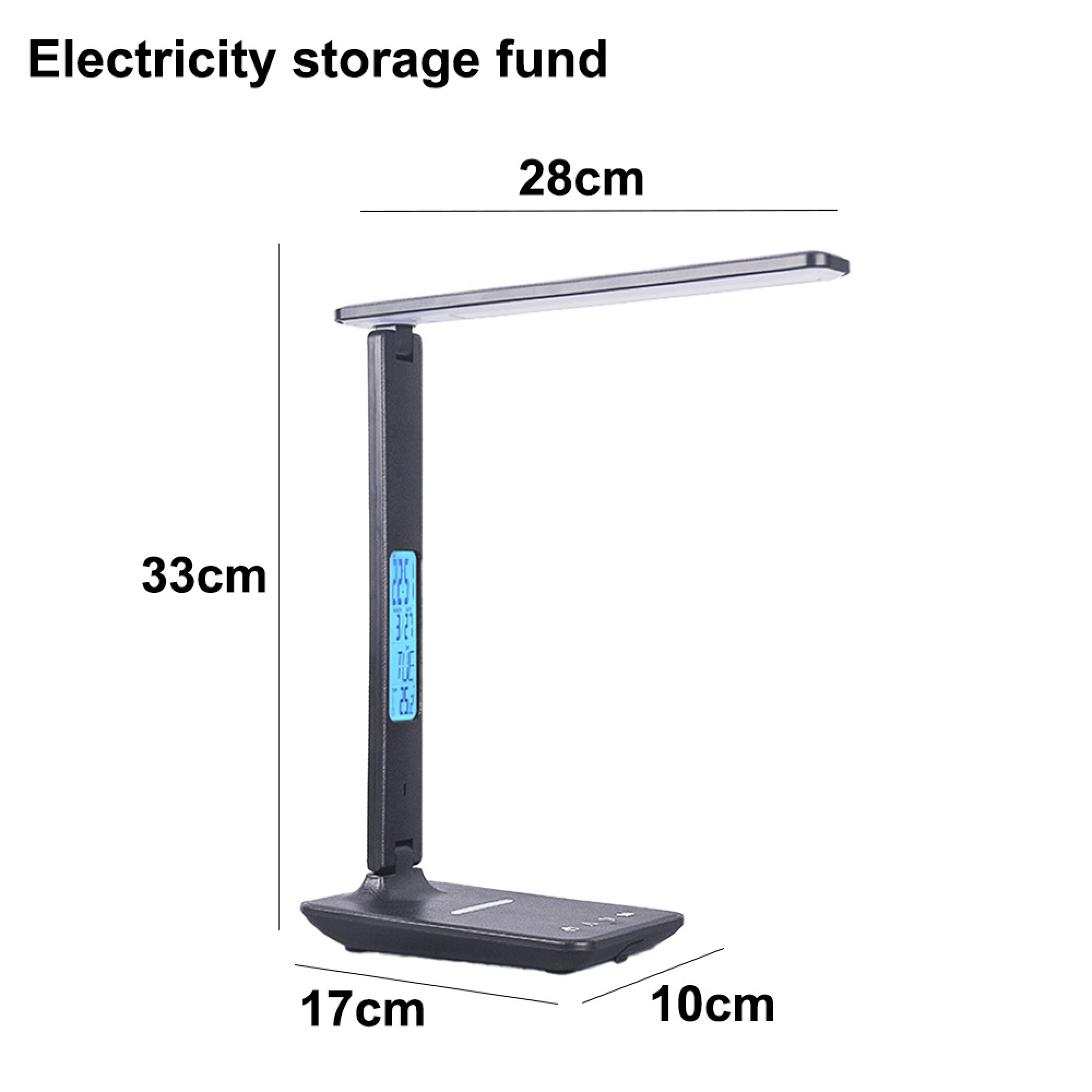 Schwarze LED-Schreibtischlampe mit digitaler Anzeige und Maßangaben.