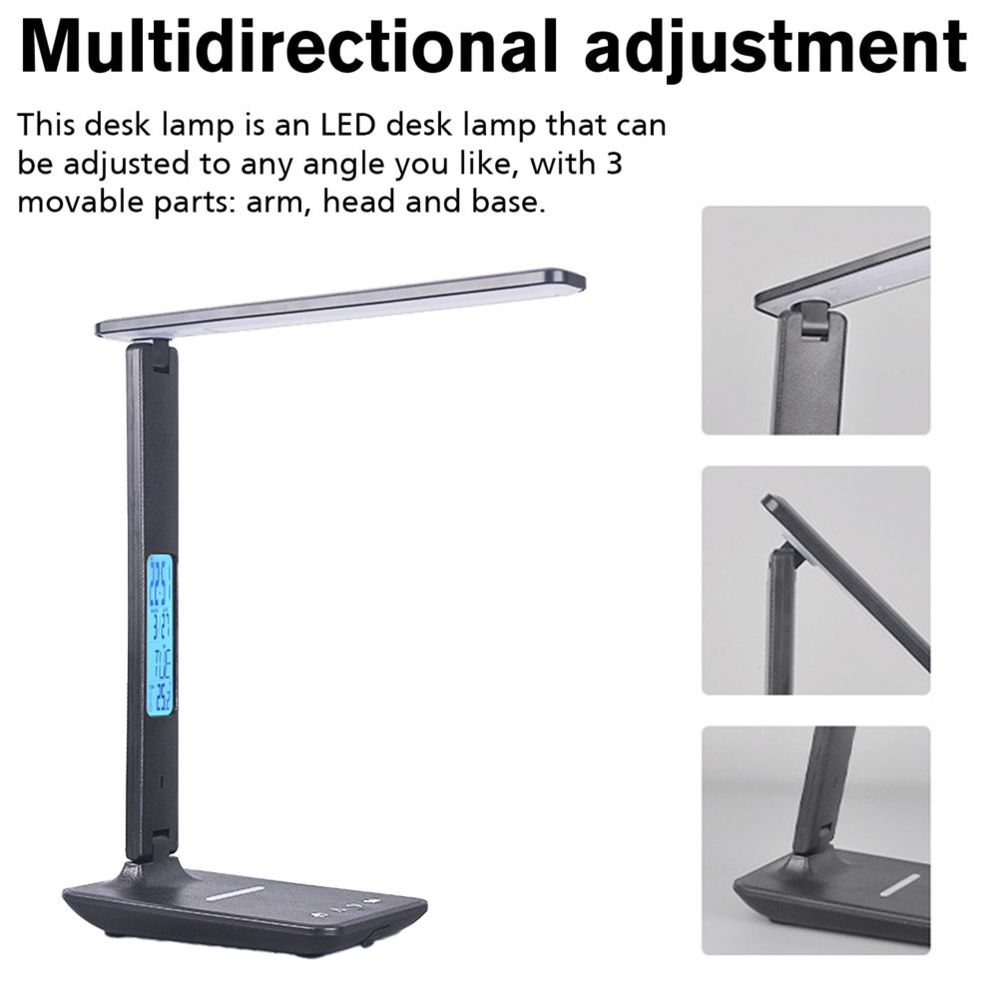 Schwarze LED-Schreibtischlampe mit digitaler Anzeige und multidirektionaler Verstellung.