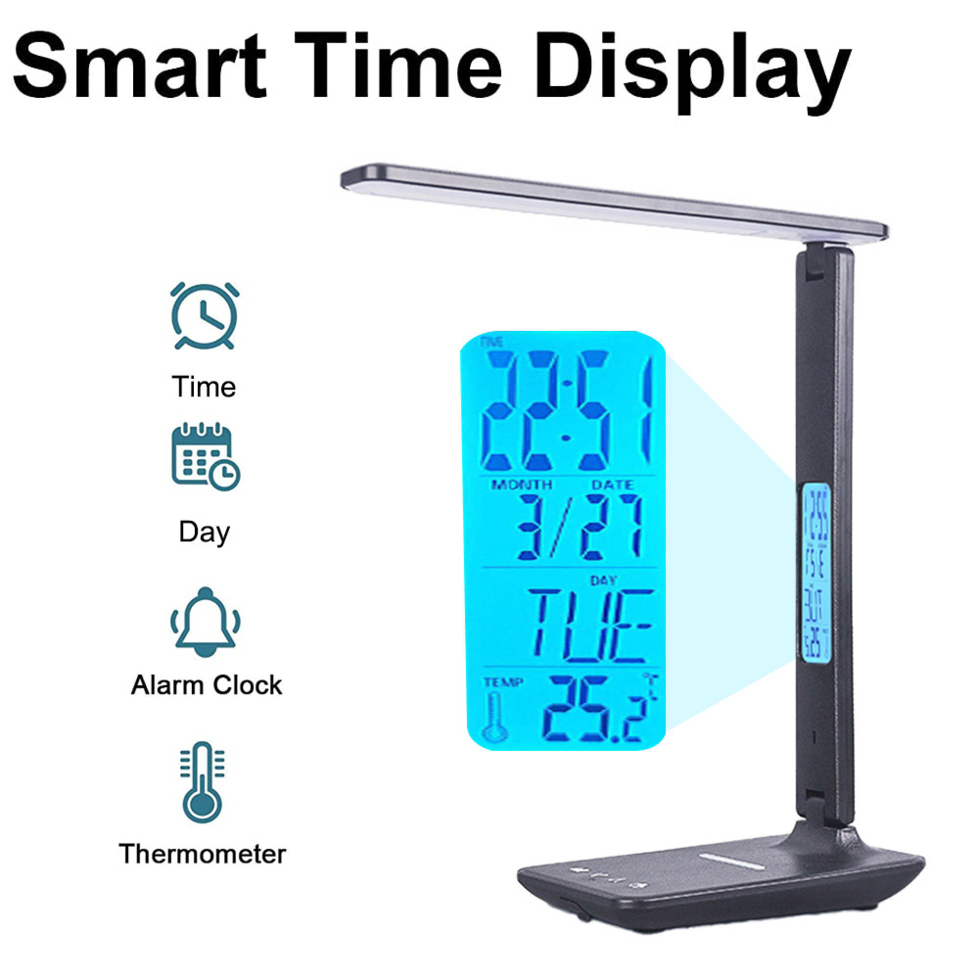 Eine schwarze Schreibtischlampe mit digitaler Anzeige zeigt Zeit, Datum und Temperatur.