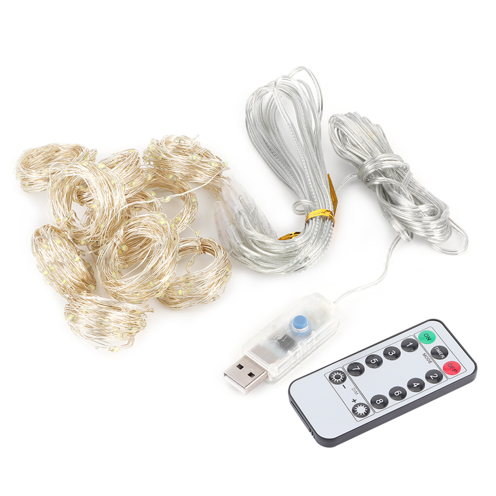 Lichterkette mit USB, Fernbedienung und Kabeln auf weißem Hintergrund.