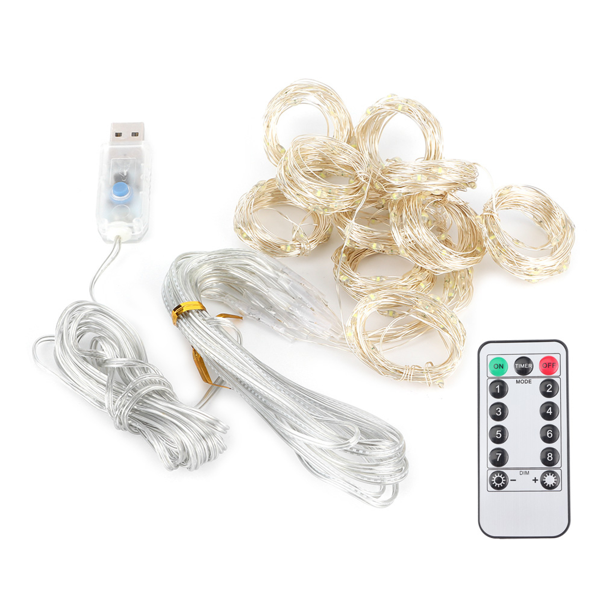 Lichterkette mit USB, Fernbedienung und aufgerollten Kabeln auf weißem Grund.