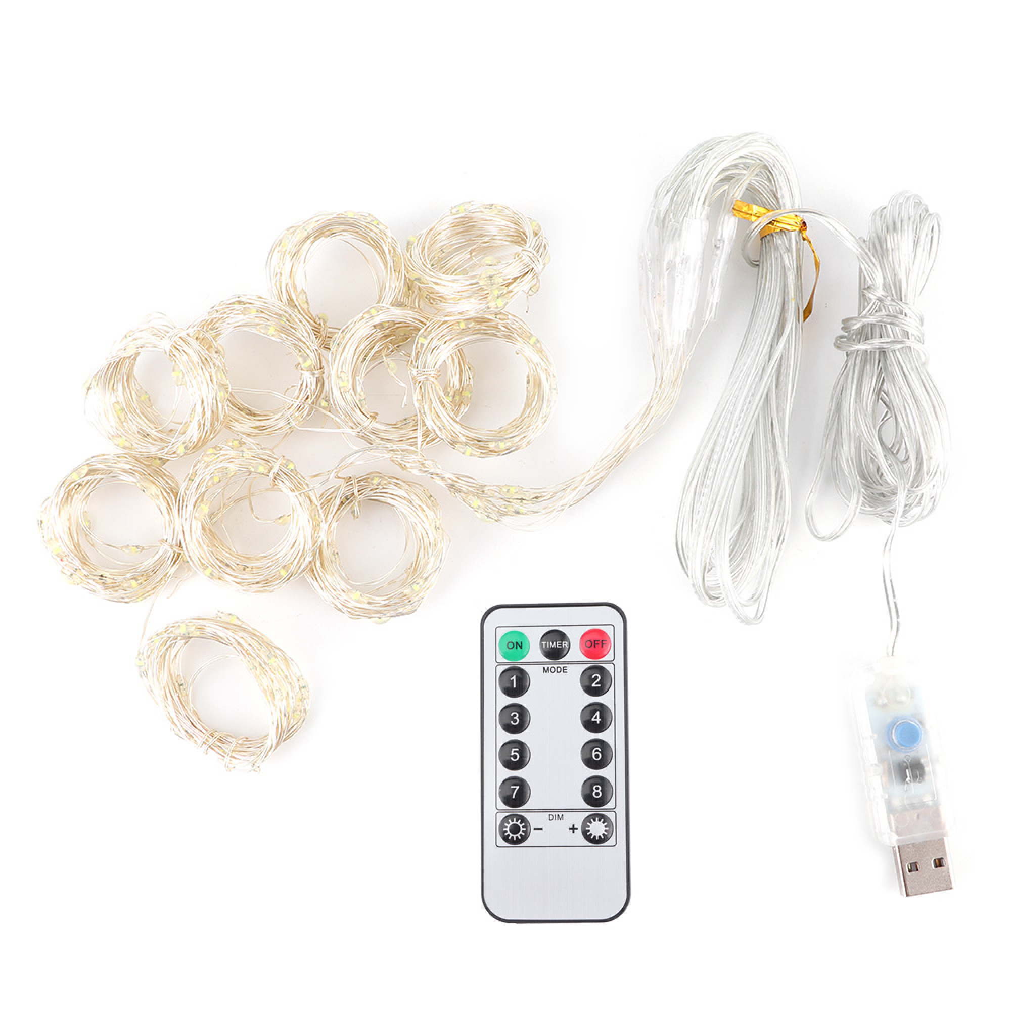 Ein USB-Lichterketten-Set mit Fernbedienung auf weißem Hintergrund.