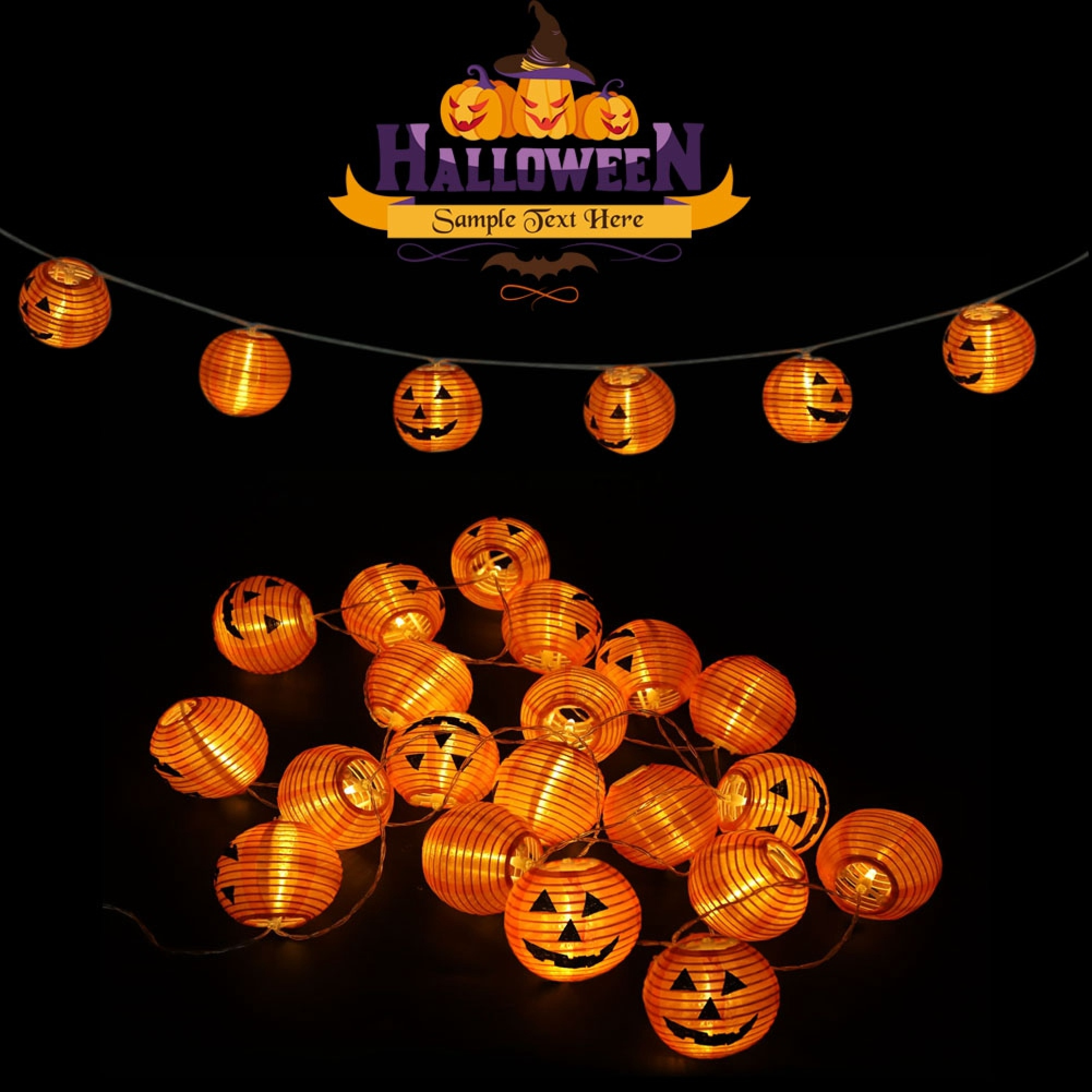 Orange Kürbis-Lichterketten mit "Halloween"-Schriftzug und Hut, auf schwarzem Hintergrund.