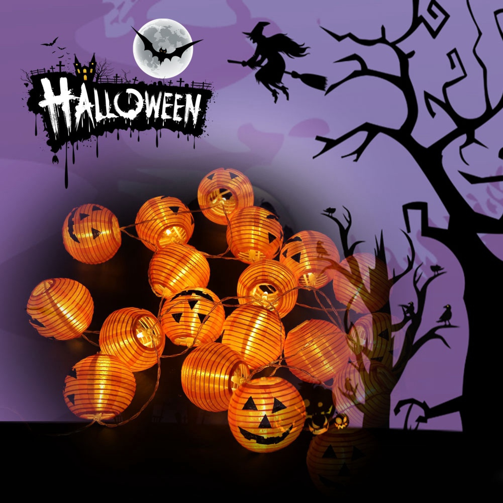 Halloween-Lichterkette mit Kürbis-Laternen vor dunklem, lila Hintergrund mit Hexen und Bäumen.