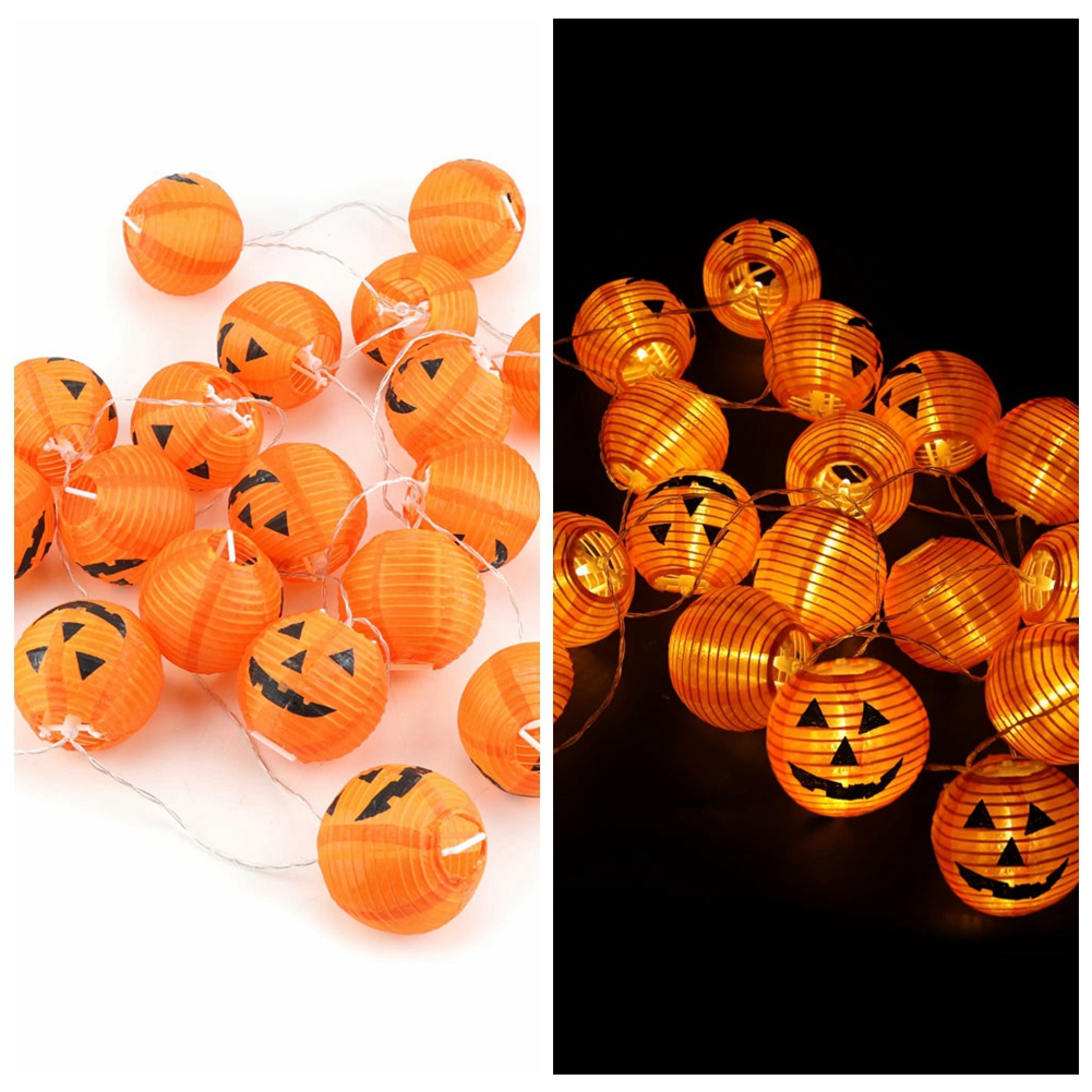 Eine Lichterkette mit orangen Kürbis-Laternen auf weißem und schwarzem Hintergrund.