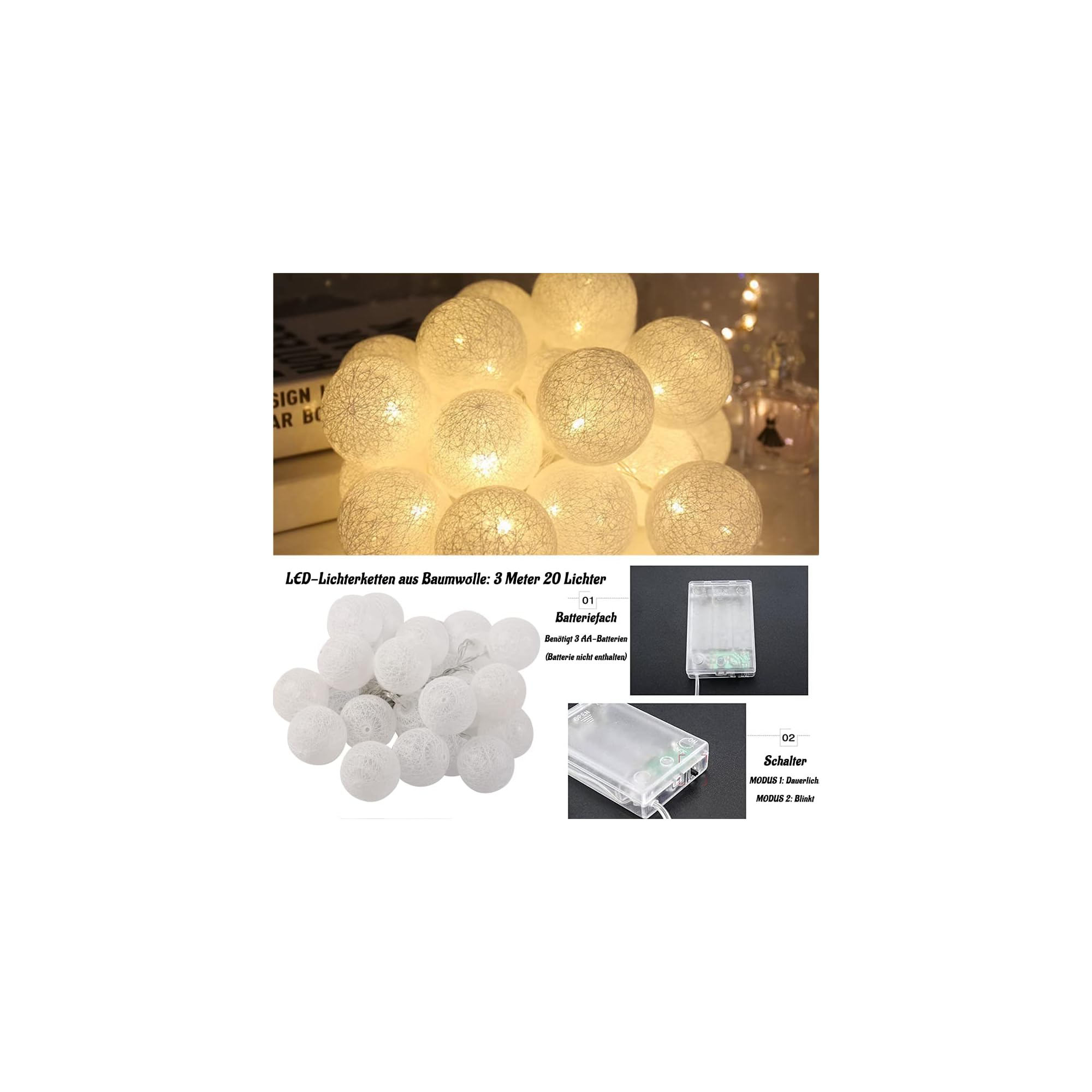 Eine Lichterkette aus weißen, ballförmigen Lampions mit LED-Licht.